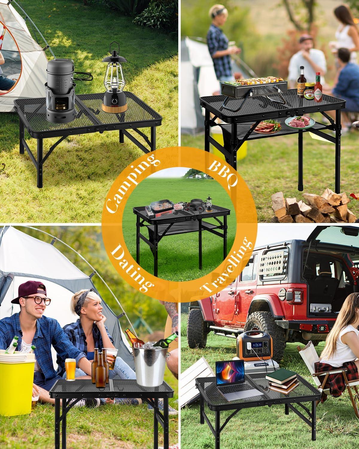 Folding Grill Table Camping Table with Mesh Desktop, Lightweight & Portable Outdoor Picnic Table, Height Adjustable Portable Grill Table for Outside Inside Use