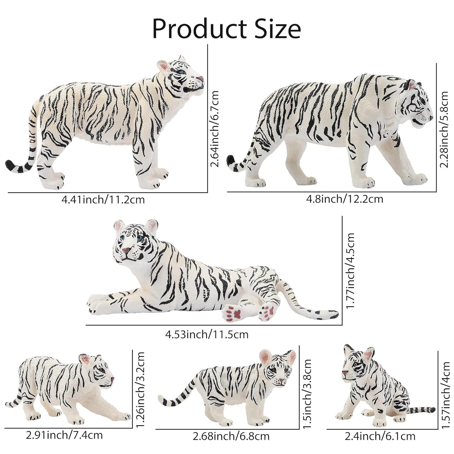 Toymany 6PCS Realistic White Tigers Figurines with Tiger Cubs, 2-6" Jungle Animals Figures Family Set Includes Baby Tigers, Educational Toy Cake Toppers Christmas Birthday Gift for Kids Toddlers