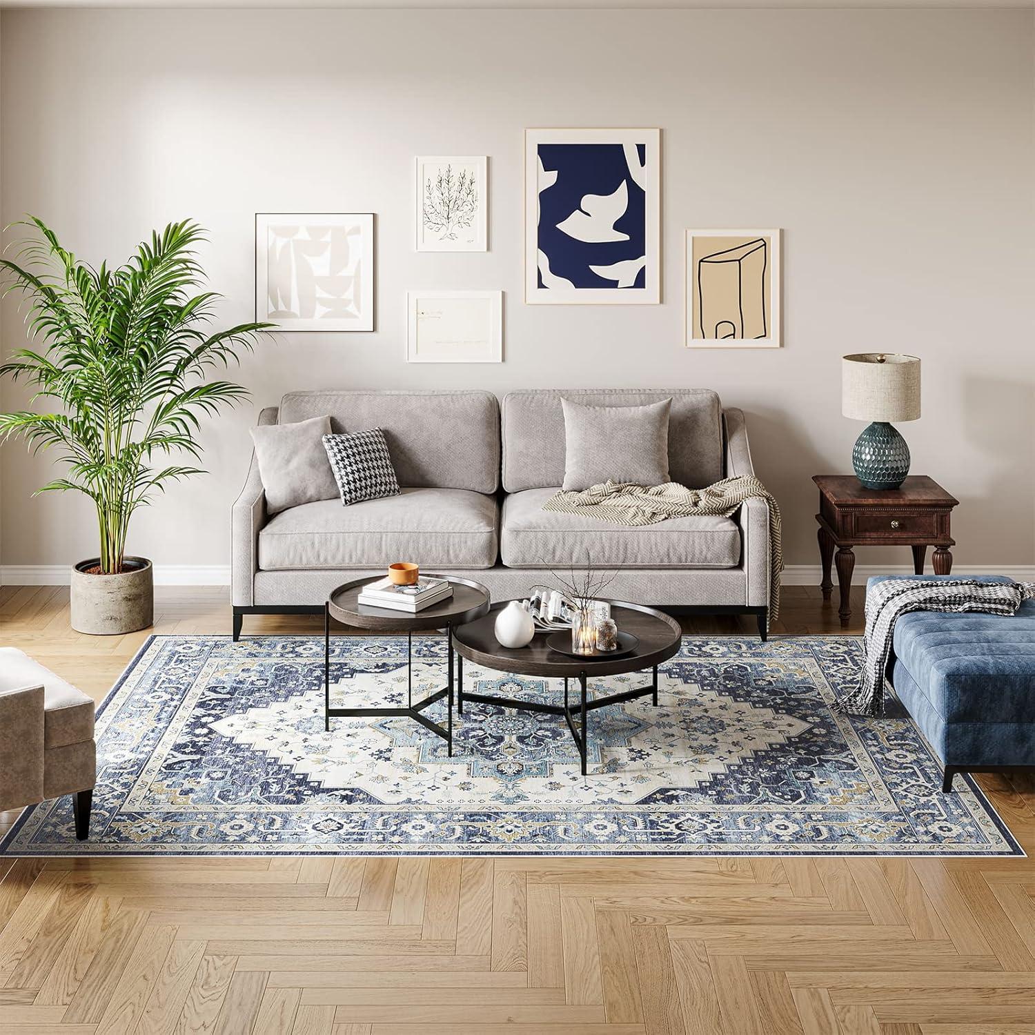 Garvee 9x12 Large Area Rug Washable Rug Vintage Floral Printed Carpet Boho Chenille Floor Cover Non-Slip Soft Foldable Thin Rug Home Decor, Blue/Beige