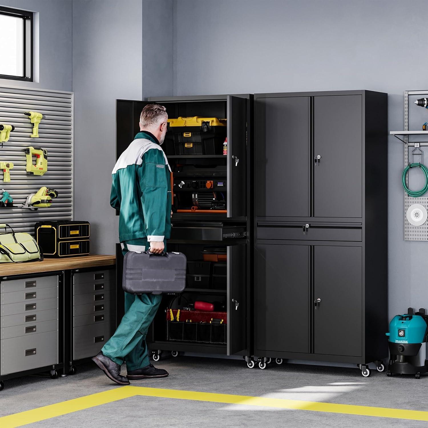 17 Stories Wheeling Garage Storage Cabinet, Rolling Tool Cabinet with 4 Door Lock-Adjustable Shelves and 1 Drawer for Garage Utility Room (Black)