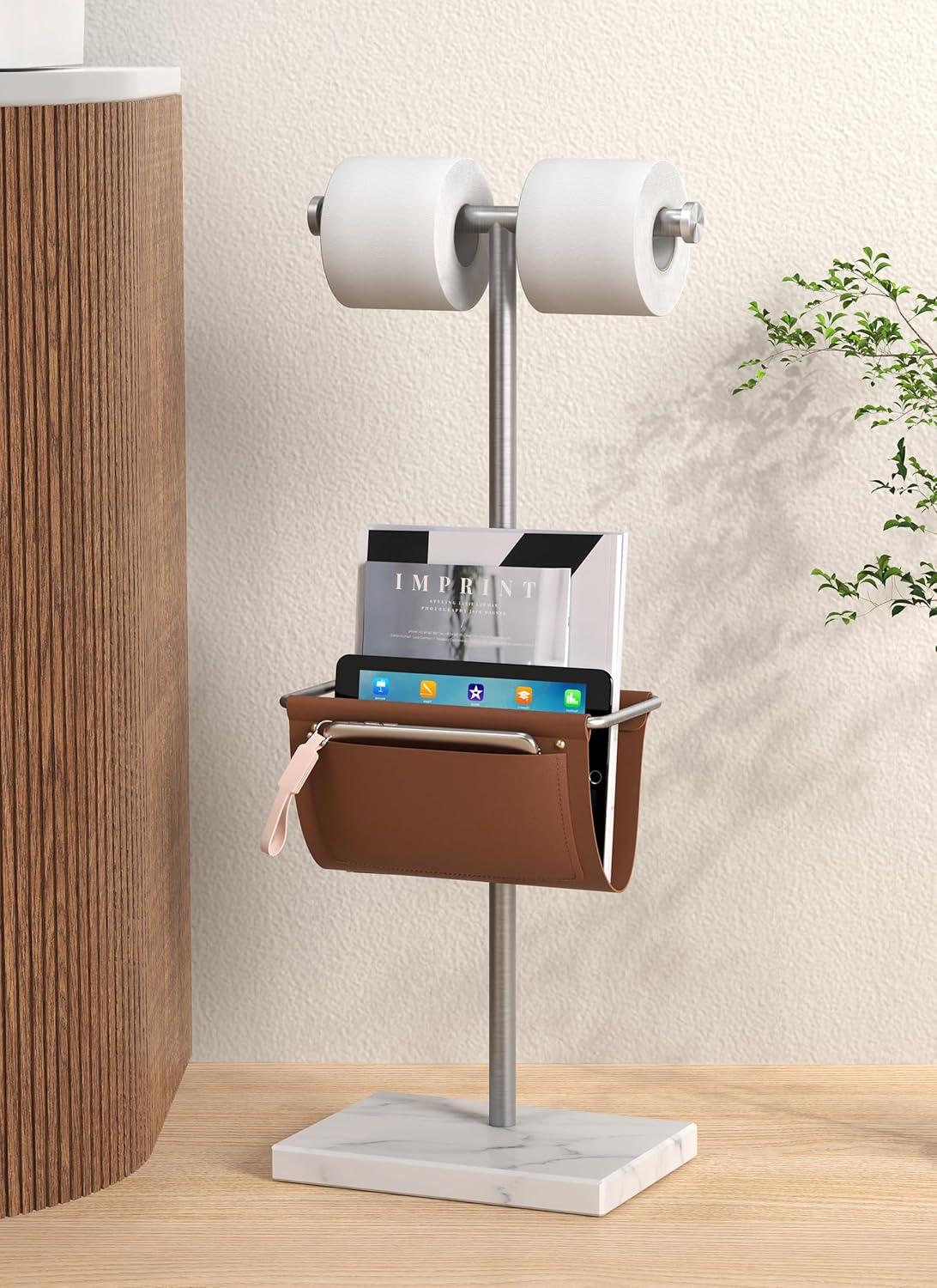 KES Toilet Paper Holder Stand With Bathroom Magazine Rack, Magazine Holder And Double Roll Toilet Paper Holder Free Standing, Weighted Marble Base