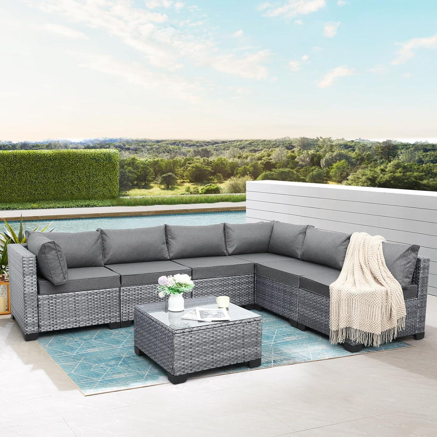 Gray 7-Piece Steel Wicker Outdoor Sectional Sofa Set