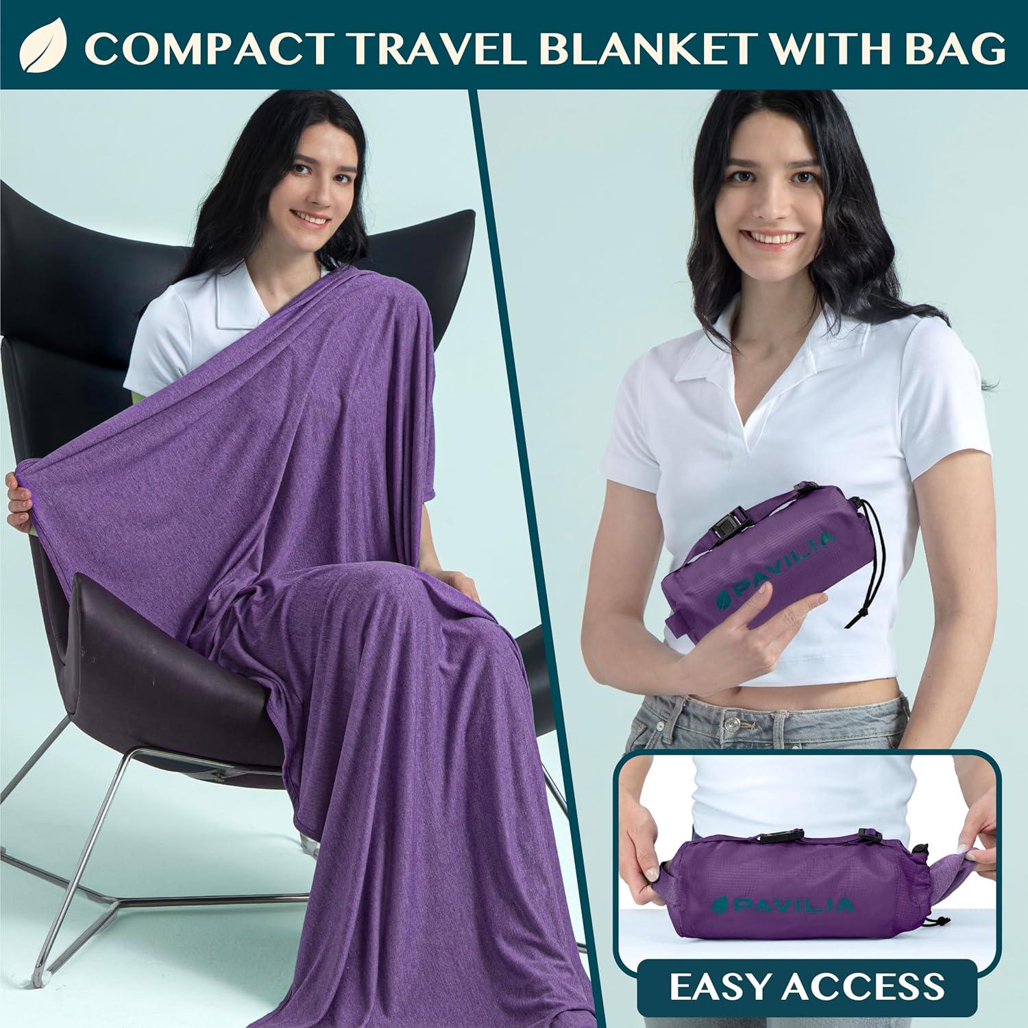 PAVILIA Travel Blanket Airplane Compact with Bag, Soft Packable Plane Throw Portable Camping Flight Essentials, Travelers Gifts Accessories, Purple