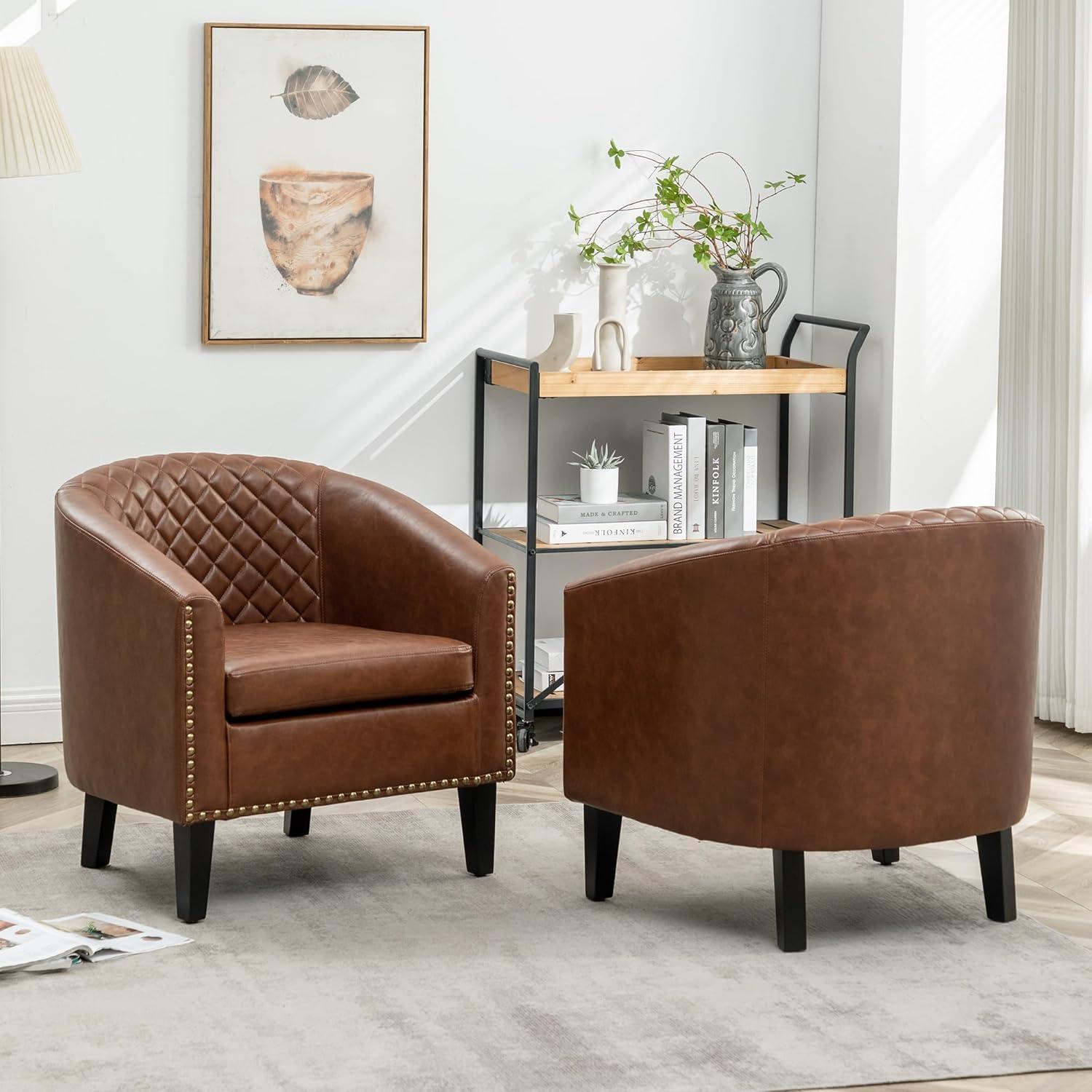 Brown Faux Leather Barrel Chairs with Nailhead Trim, Set of 2