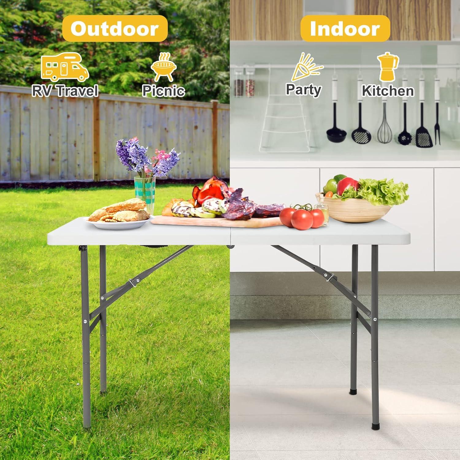 ZENY 4ft Portable Folding Table Plastic Indoor Outdoor Picnic Party Camp Dining Table with Handle, White