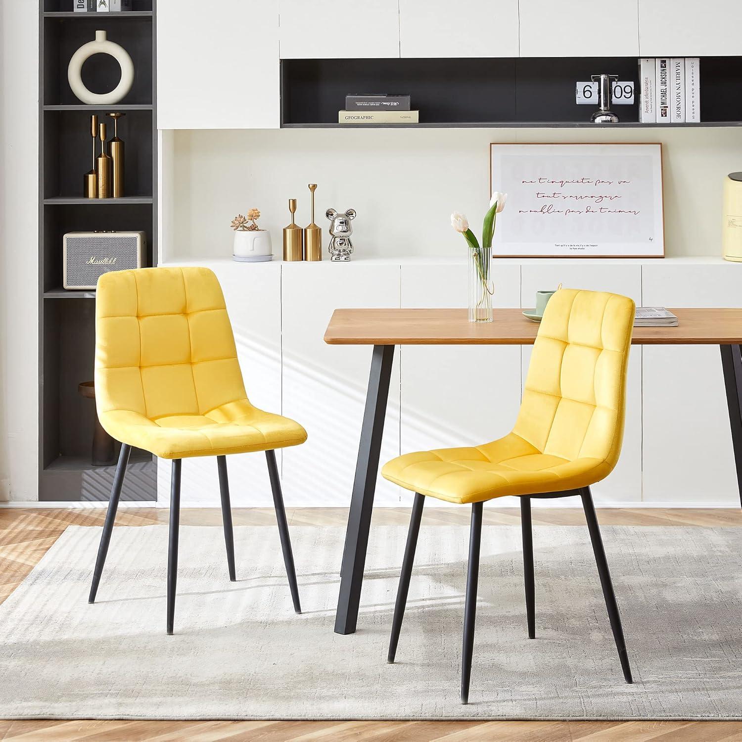 Modern Dining Chair Velvet Set of 4,Upholstered Living Room Chair with No Arms Side Chair High-Back Space Savining Accent Chair with Metal Legs for Dining Room,Living Room, Yellow
