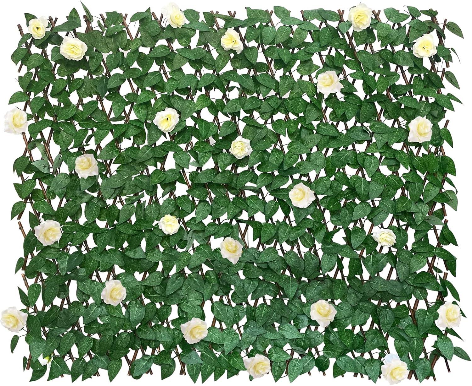 GLANT Expandable Fence Privacy Screen for Balcony Patio Outdoor,Decorative Faux Ivy Fencing Panel,Artificial Hedges (Single Sided Leaves) (1, White Rose)