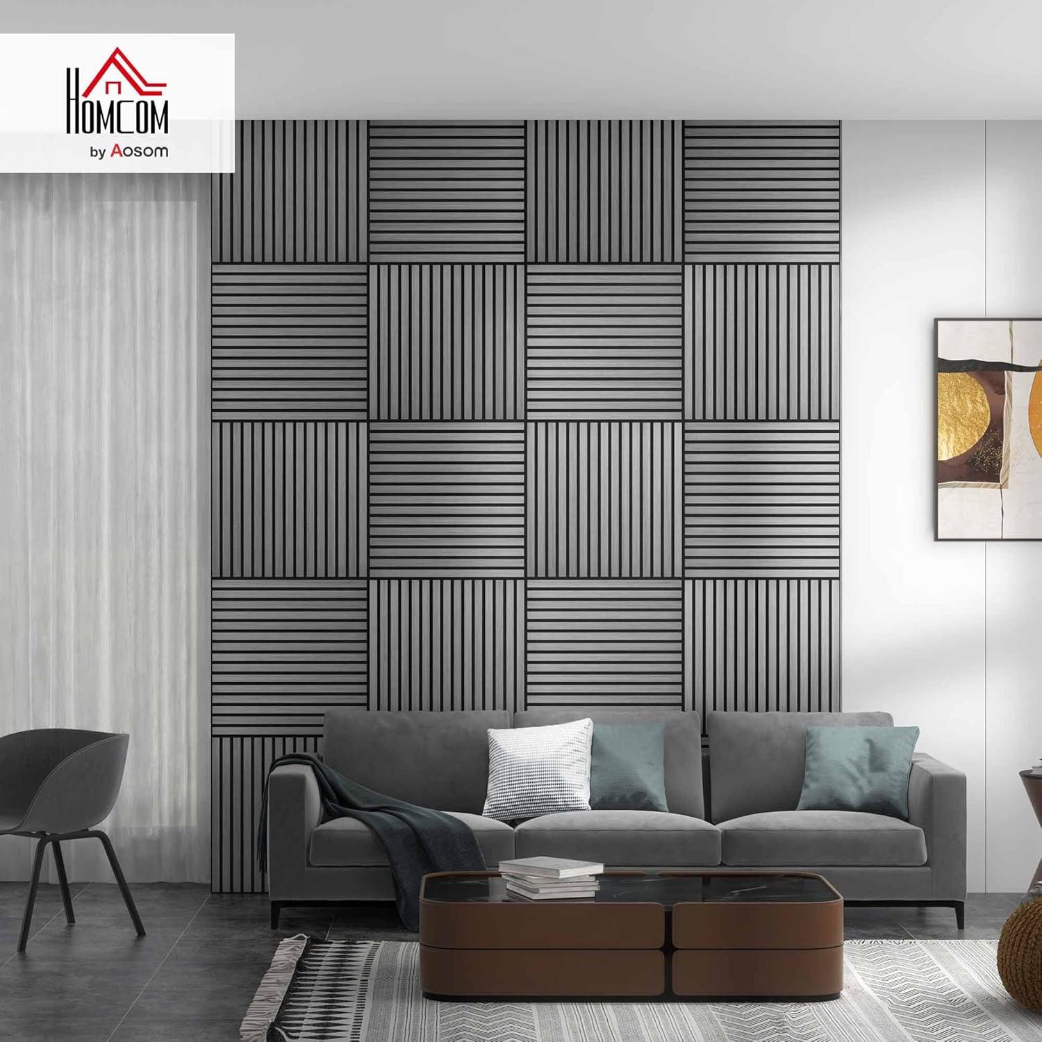 HOMCOM 4 Pack 3D Faux Wood Wall Panels, 24" x 24" Sound Absorbing Acoustic Panels, Wood Slat Wall Panels for Interior Wall Decor, Ceiling, Walnut