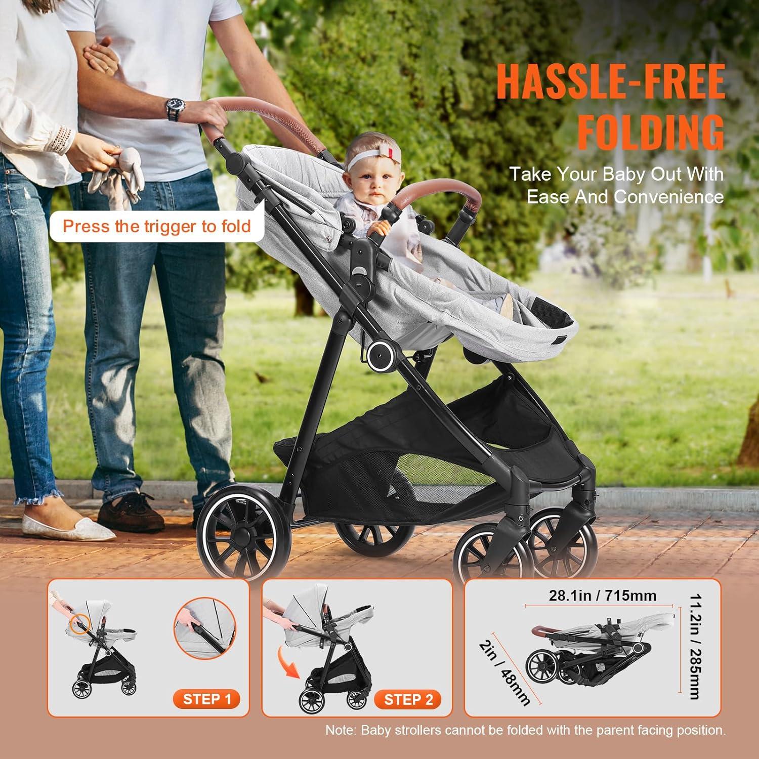 VEVOR Standard Baby Stroller, Infant Toddler Stroller with Bassinet, 3rd-Gear Adjustable Backrest & Foldable & Reversible Seat, Carbon Steel Newborn Stroller with Leg Cover and Mesh Net, Light Grey