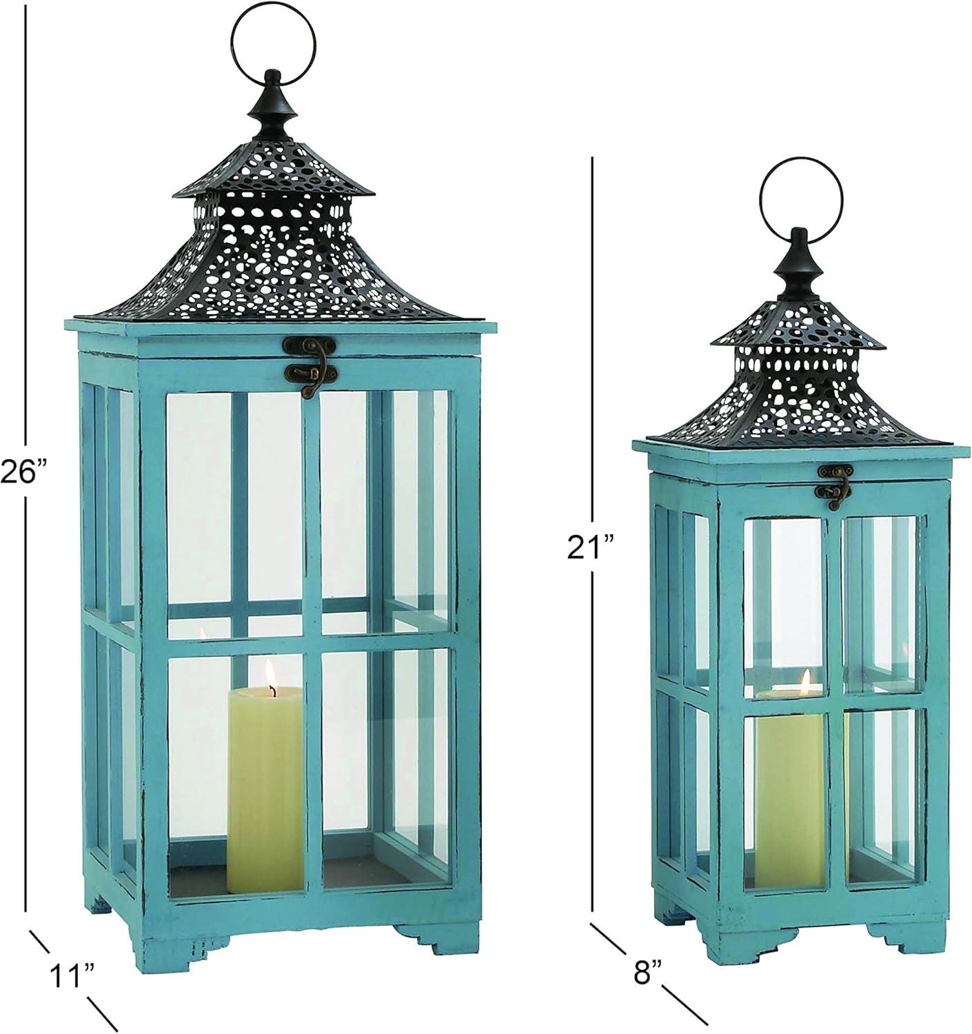 Coastal Blue Wood & Glass Hanging Candle Lantern Set