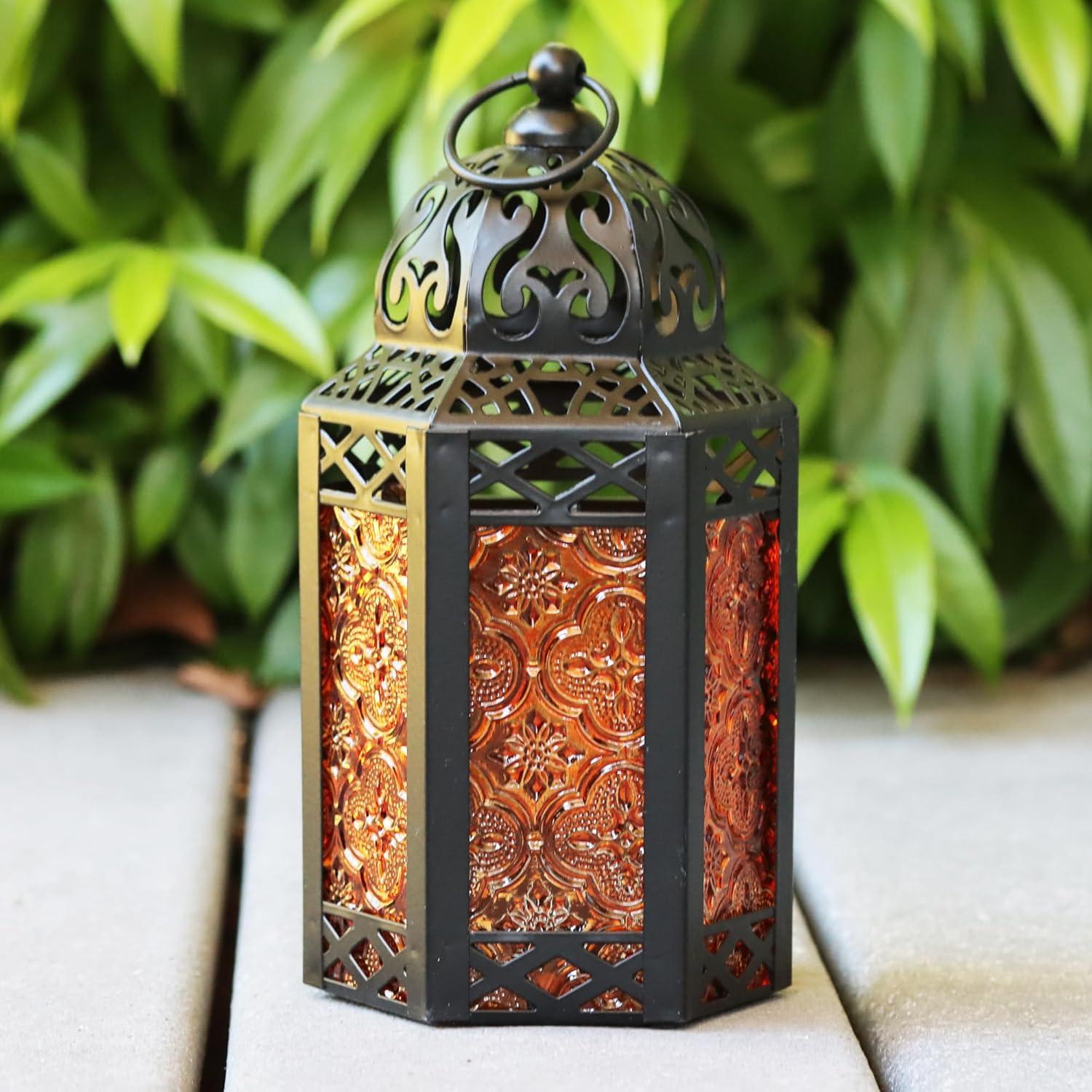 Small Black Metal Moroccan Lantern with Amber Glass Panels