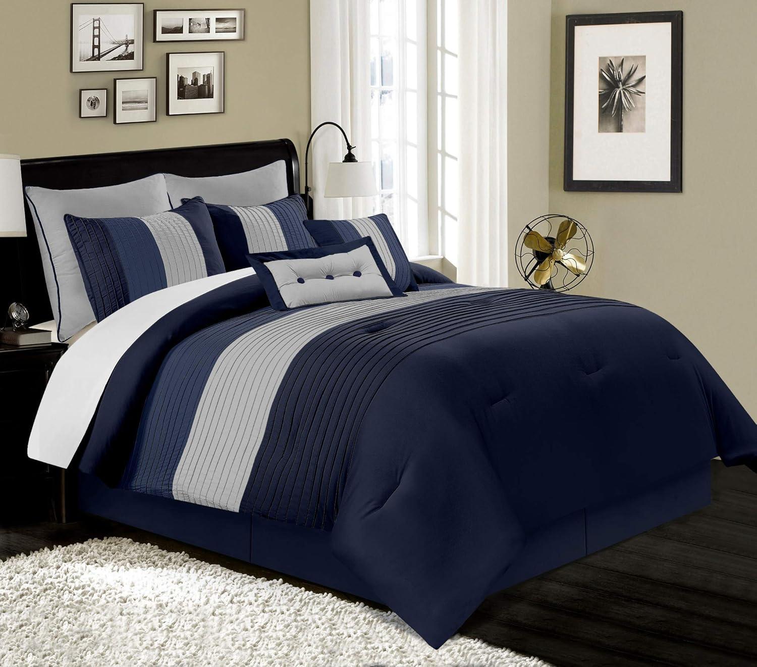 Navy and Gray Queen 8-Piece Striped Comforter Set