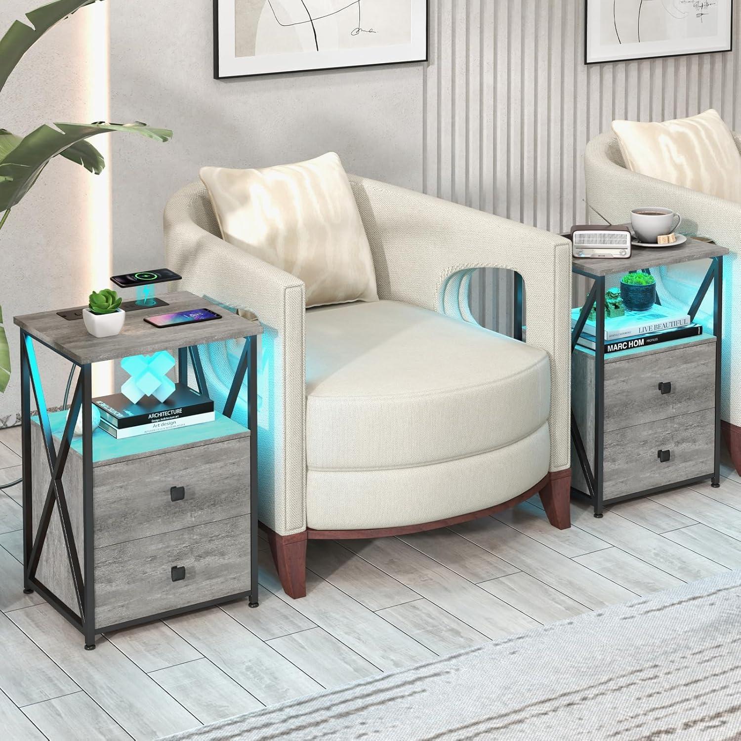 End Table Set of 2 with LED Light, Night Stand with Wireless Charger, Side Table with Storage, Grey End Tables with USB and Outlets, Bedside Table with Wood Drawers for Bedroom, Living Room