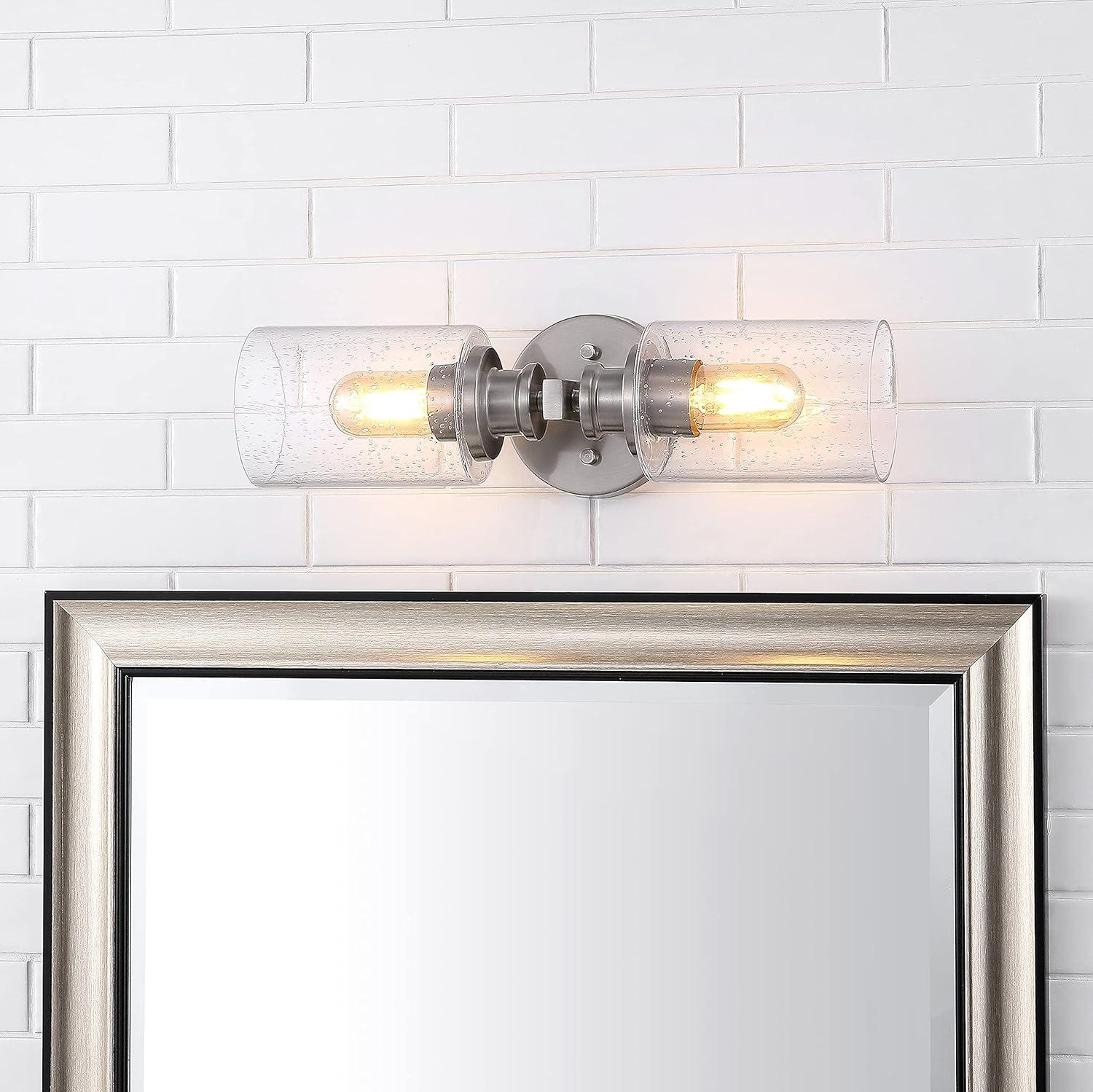 JONATHAN Y Jules Edison 16.5" Cylinder 2-Light Iron/Seeded Glass Farmhouse Contemporary LED Wall Sconce, Nickel