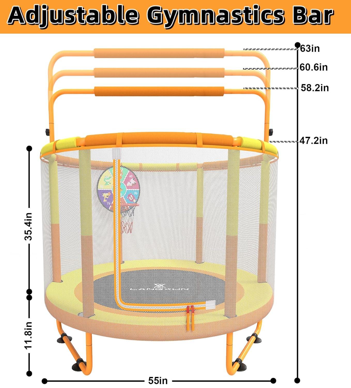 LANGXUN 60" Kids Trampoline, 5ft Toddler Mini Trampoline Indoor Outdoor Toys with Swing & Basketball Hoop & Dart Board, Gymnastics Bar, Birthday Gifts for Girls Boys Age 1-8 (Orange&Yellow)