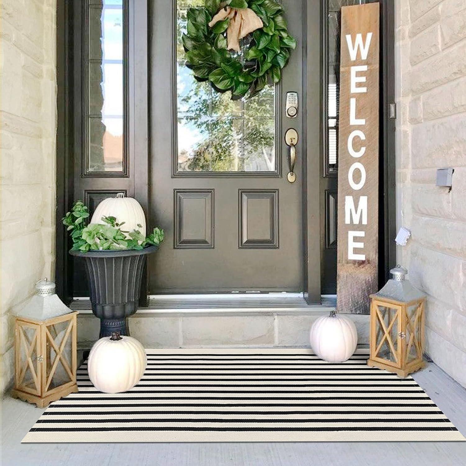 IOHOUZE Navy and White Striped Rug 2'x3' Front Door Rugs, Small Washable Area Rug for Front Porch, Spring Summer Doormats Outdoor Indoor, Cotton Rugs for Entryway Porch Entrance