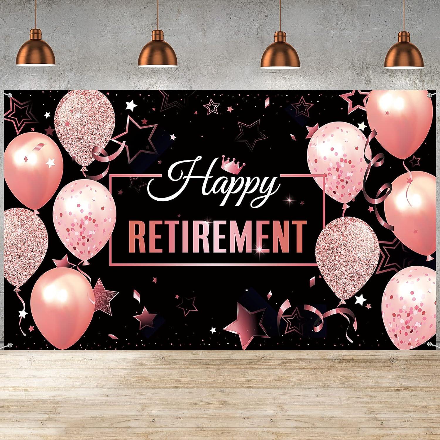 Blulu Retirement Party Decorations, Extra Large Fabric Retire Sign Banner Photo Booth Backdrop Background with Rope for Retirement Party Favor(72.8 x 43.3 Inch,Black and Rose Pink)