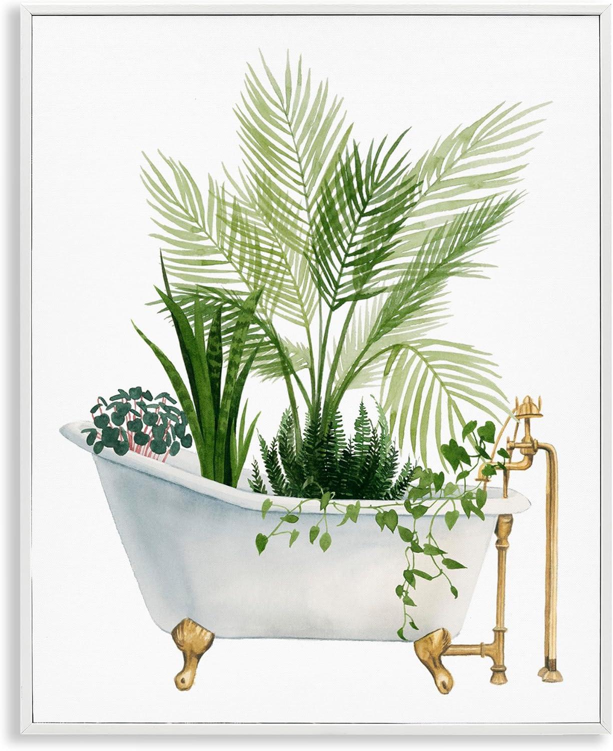 Vintage Tub with Greenery White Framed Canvas Art Print