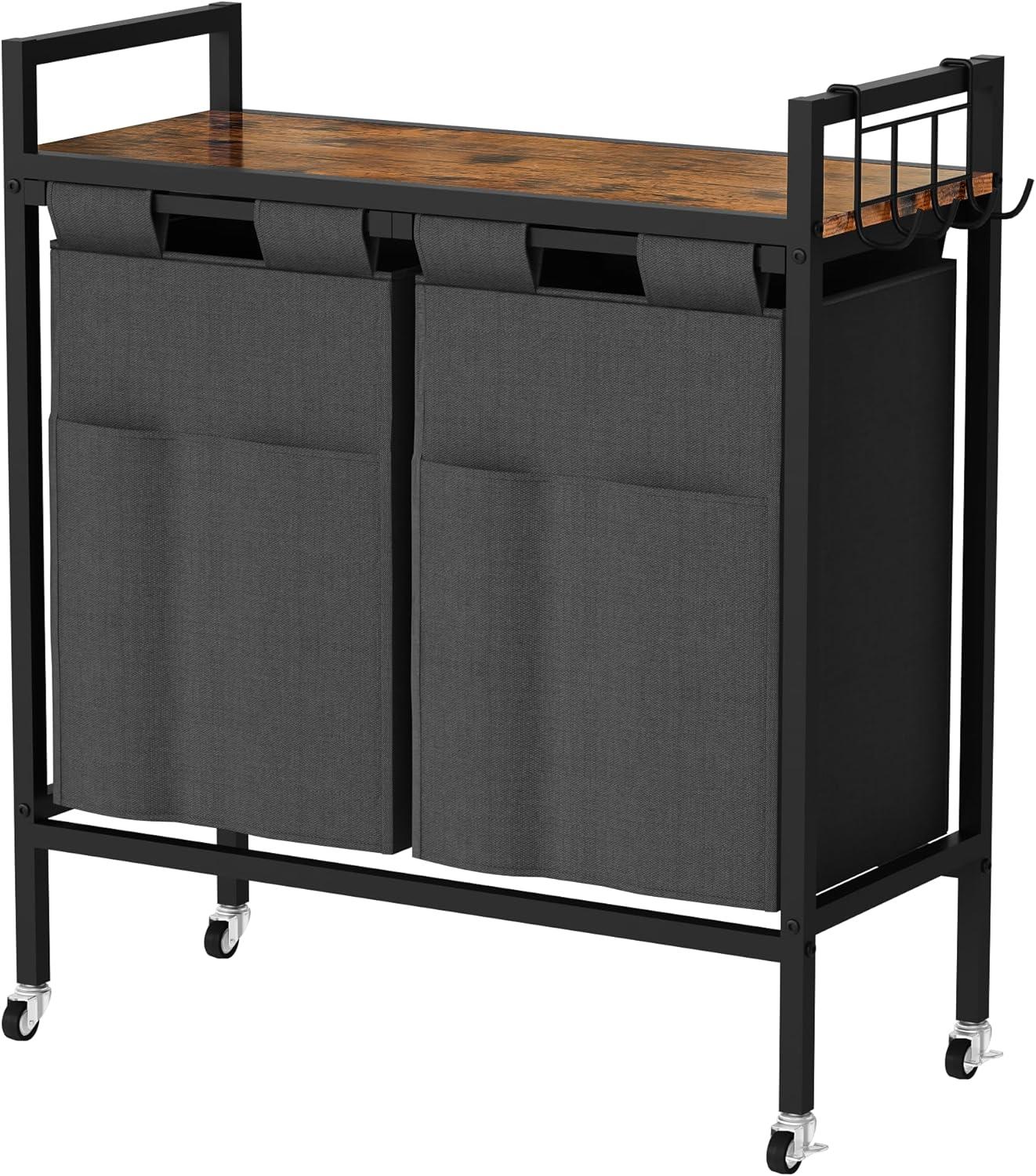 Rustic Brown and Black Laundry Sorter with Shelf and Pull-Out Bags