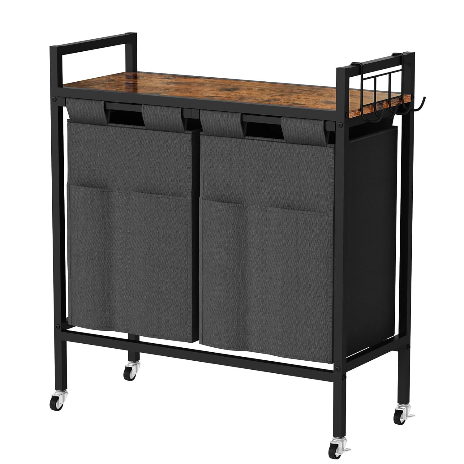 VASAGLE 46L Laundry Hamper Laundry Basket with 2 Pull-Out Bags Laundry Sorter with Shelf Rustic Brown and Black