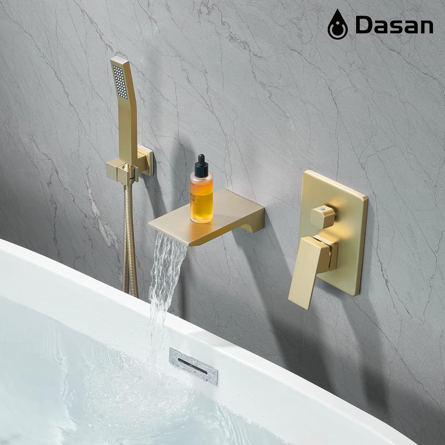 Airuida Wall Mount Tub Faucet with Waterfall Tub Spout Wall Mounted Bathtub Faucet with Handheld Shower Single Handle Tub Filler Shower Faucet Set with Rough-in valve Straight Spout Matte Black