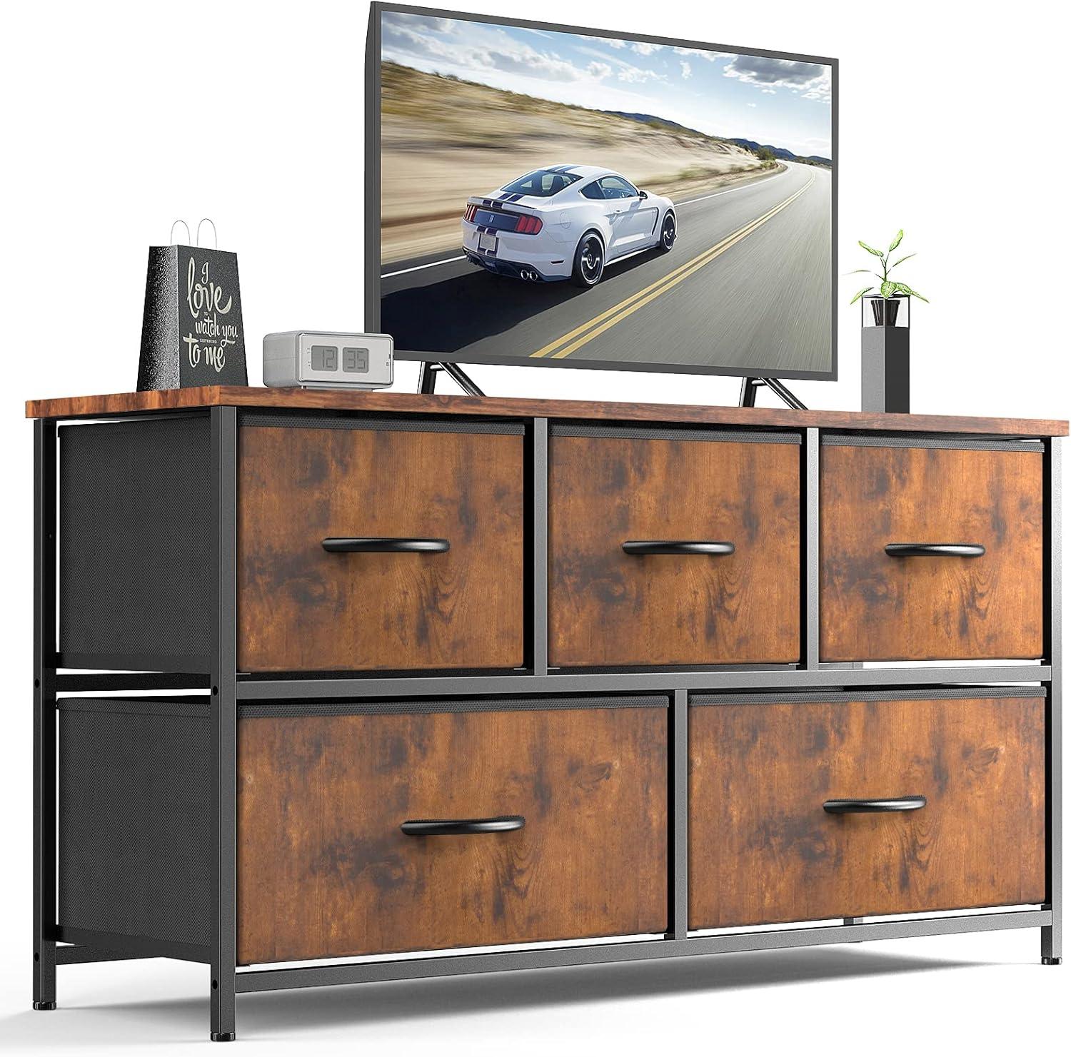 Dresser for Bedroom 5 Fabric Drawers Dresser Clothes Cabinet Storage Organizers and Wood Top Surface Table for TV, Chest of Drawers for Bedroom, Living Room, Hallway, Porch Organization