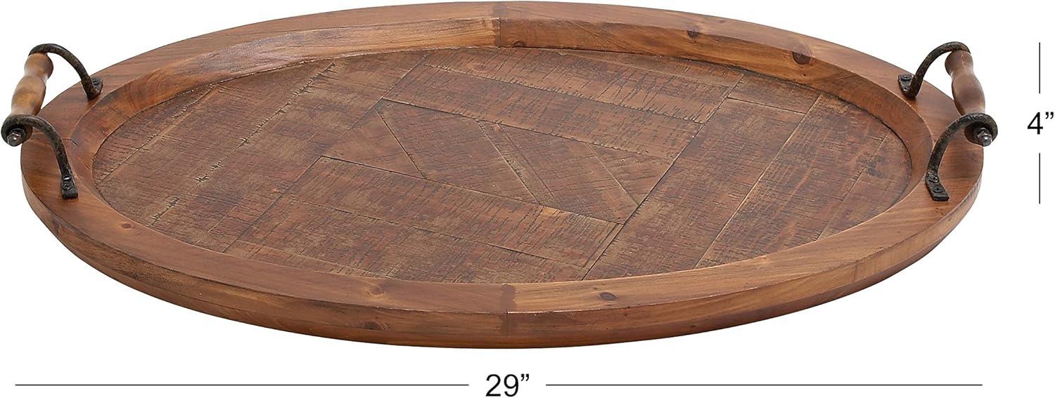 DecMode 29" x 19" Brown Wood Large Oval Tray with Scroll Metal Handles, 1-Piece