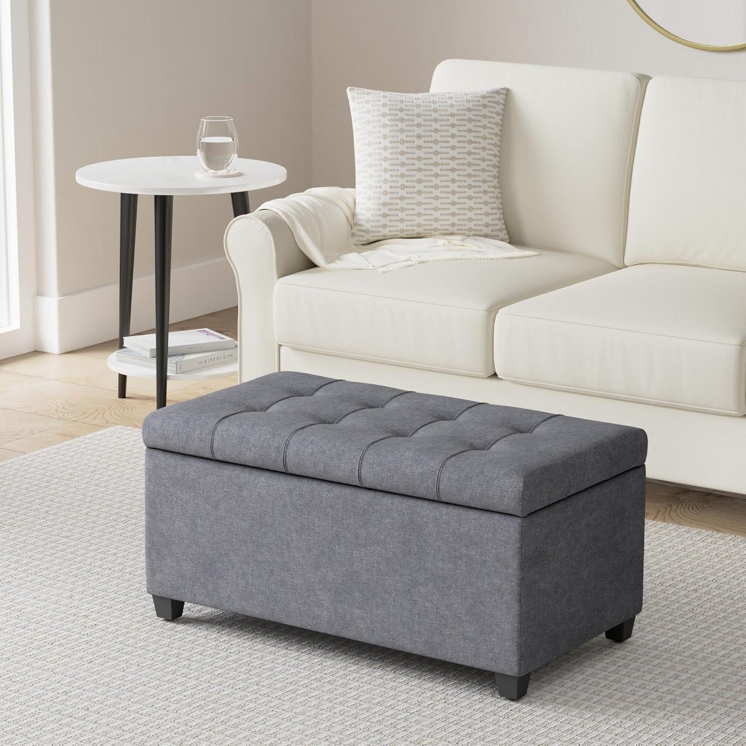 Simpli Home Sienna 34" Transitional Rectangle Ottoman Bench in Gray Linen Look Fabric