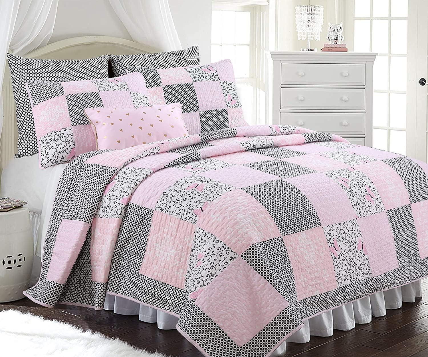 Pink and Black Cotton Patchwork Reversible Queen Quilt Set