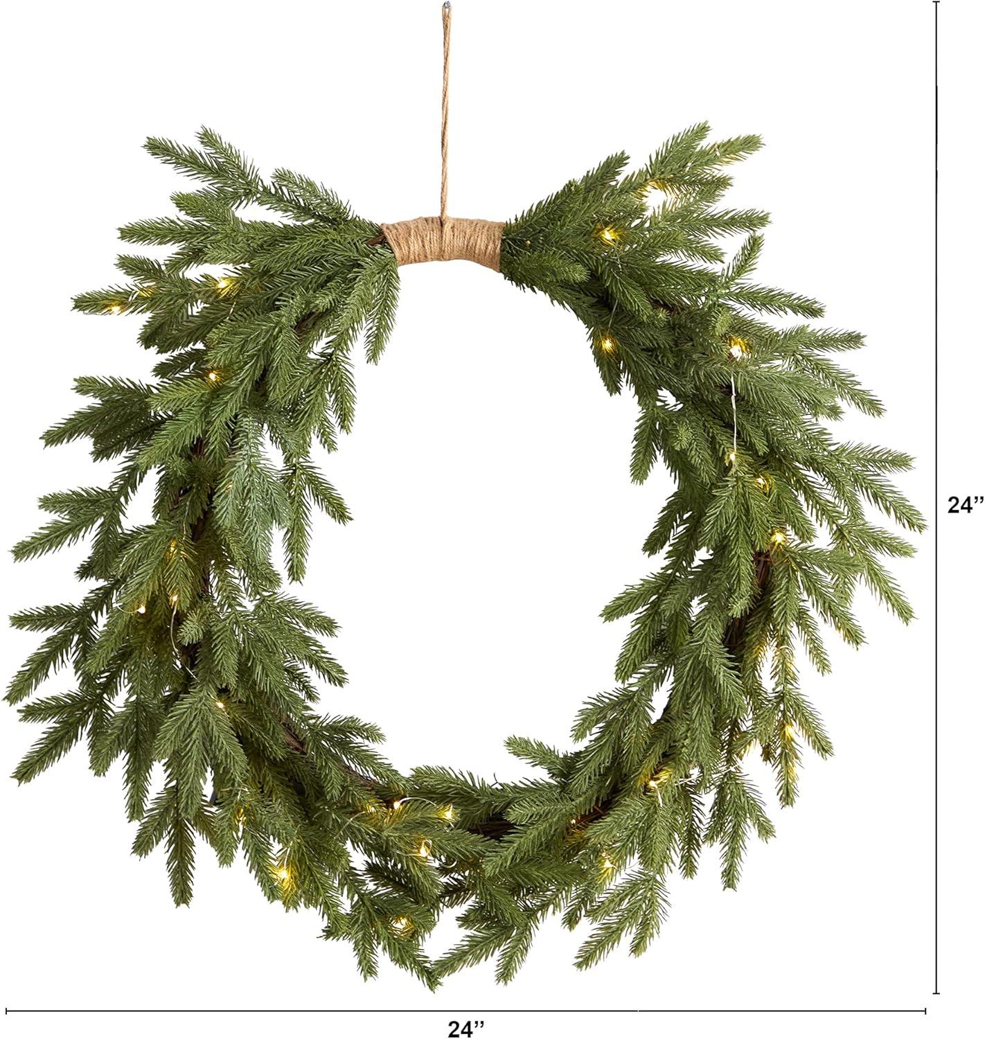 Nearly Natural 24" Pre-lit LED Cascading Pine Artificial Christmas Wreath Green with Warm White Lights: Door Decor, Indoor Use