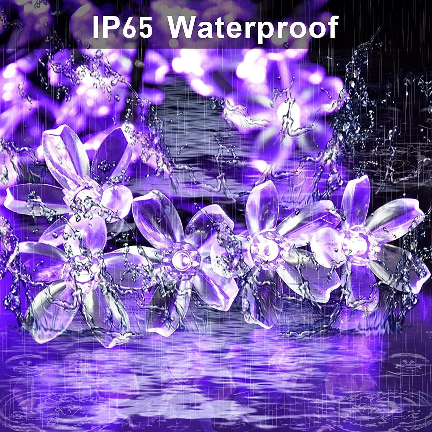 KOMI 2 Pack Purple Solar Flower String Lights, Each 30.6FT 50 LED Solar Powered Christmas Lights Outdoor Waterproof, 8 Modes Solar Halloween Lights for Garden Yard Patio Tree Halloween Decoration