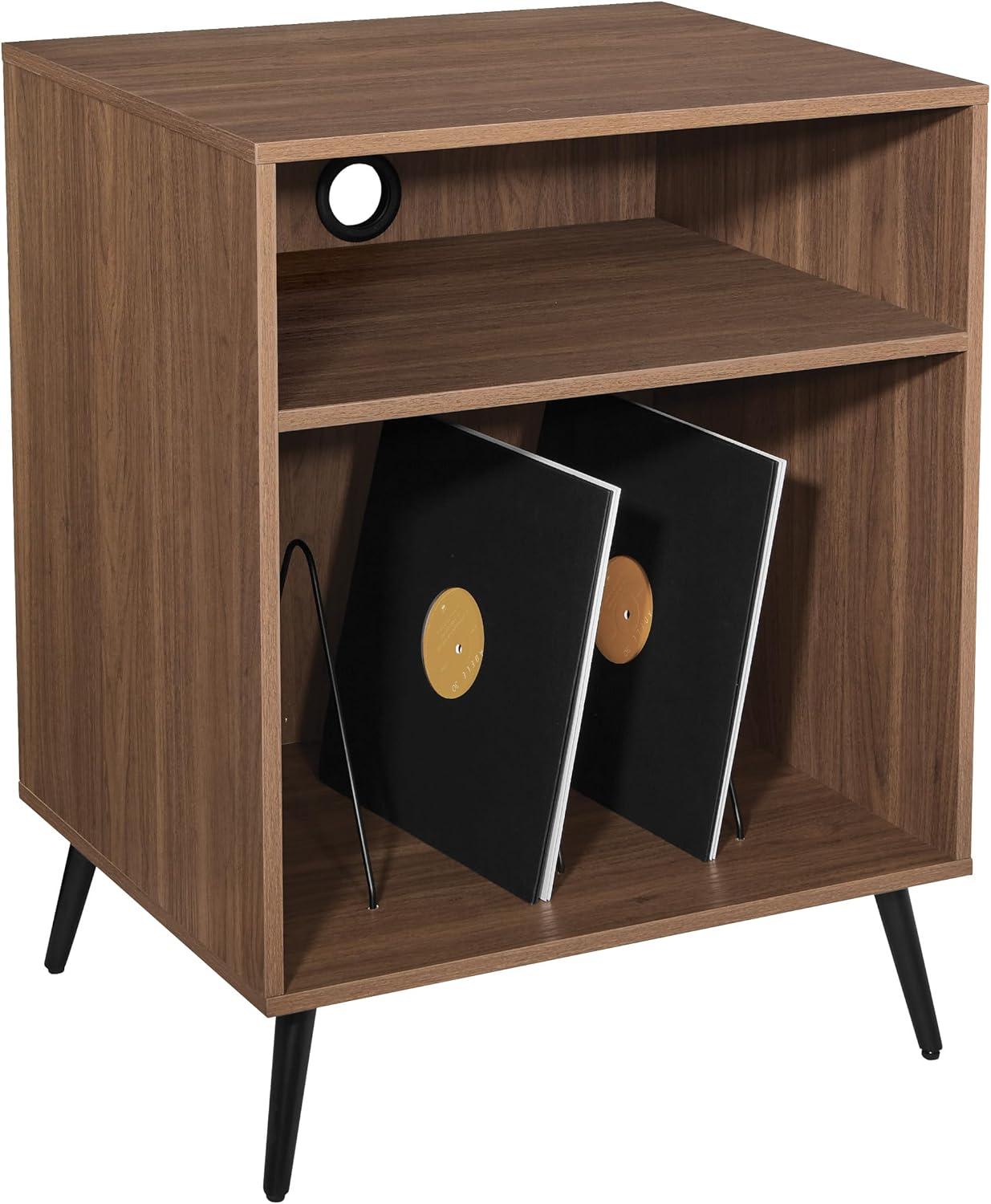 OSP Home Furnishings Retro Record Player Stand Console with Album Storage, Majestic Walnut Finish