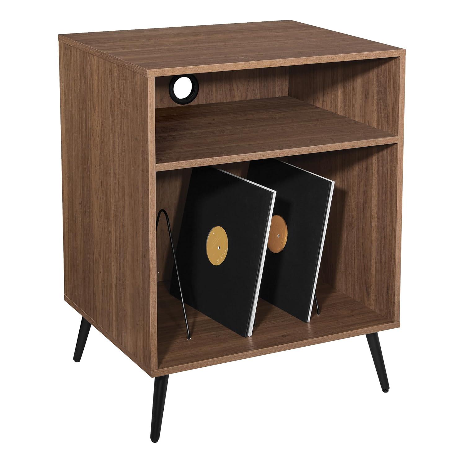 OSP Home Furnishings Retro Record Player Stand Console with Album Storage, Majestic Walnut Finish