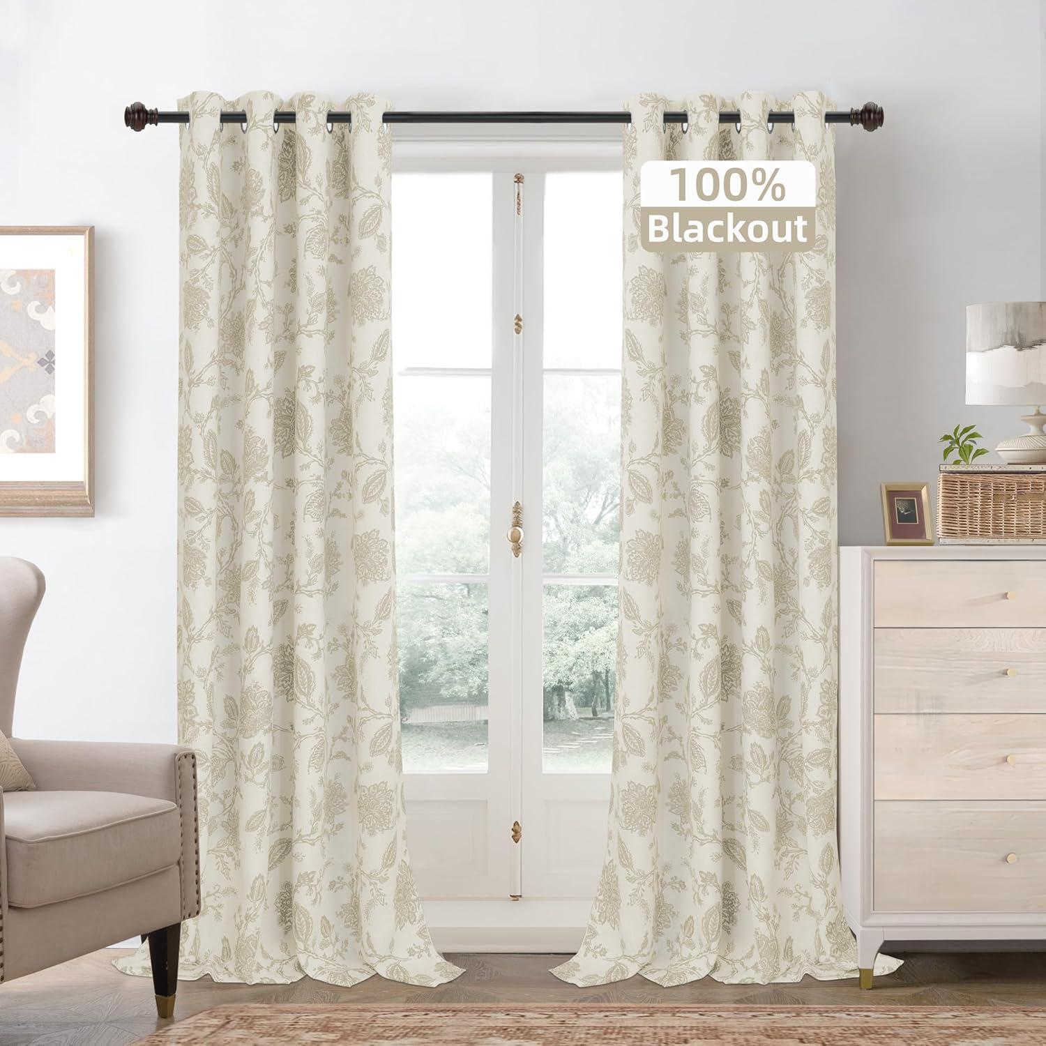 DriftAway Freda Jacobean Floral Linen Blend Lined Thermal Insulated Room Darkening Blackout Grommet Window Curtains 2 Layers 2 Panels Each 52 Inch by 63 Inch Taupe Beige