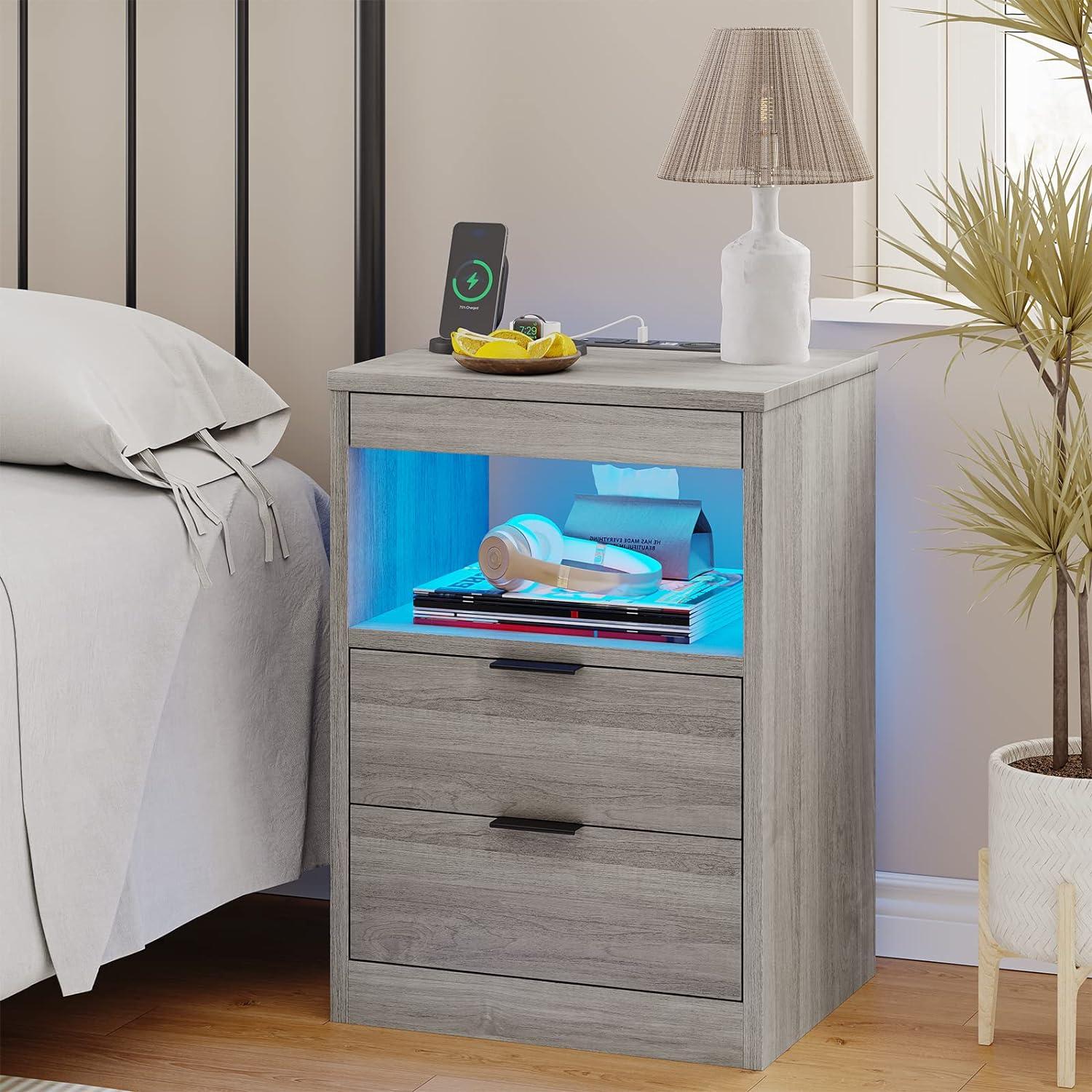 Exlonjet Black Nightstand with Wireless Charging Station and LED Lights, Bedside Table with 2 Drawers, Open Storage, 1 Pull-Out Tray, End Side Table with Charging Station, LED Night Stand with Storage