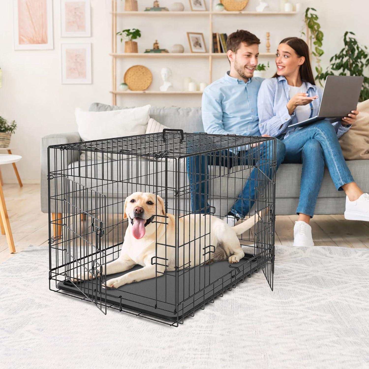 CL.HPAHKL Durable Large Dog Crate, Folding Metal Dog Kennel Double Door Dog Cage with Plastic Tray, Wire Crate for Large Dog Indoor Outdoor Travel (Black, 42 inch)