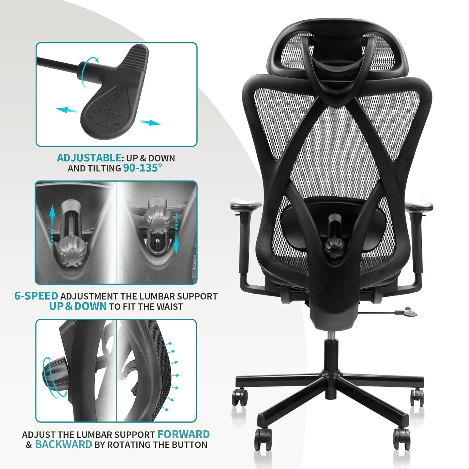Mesh Office Chair,Ergonomic Office Chairs with Wheels,Adjustable Lumbar Support,Armrest,Headrest-Tilt High Back Desk Chair with Mute Wheel for Office, Home, Gaming