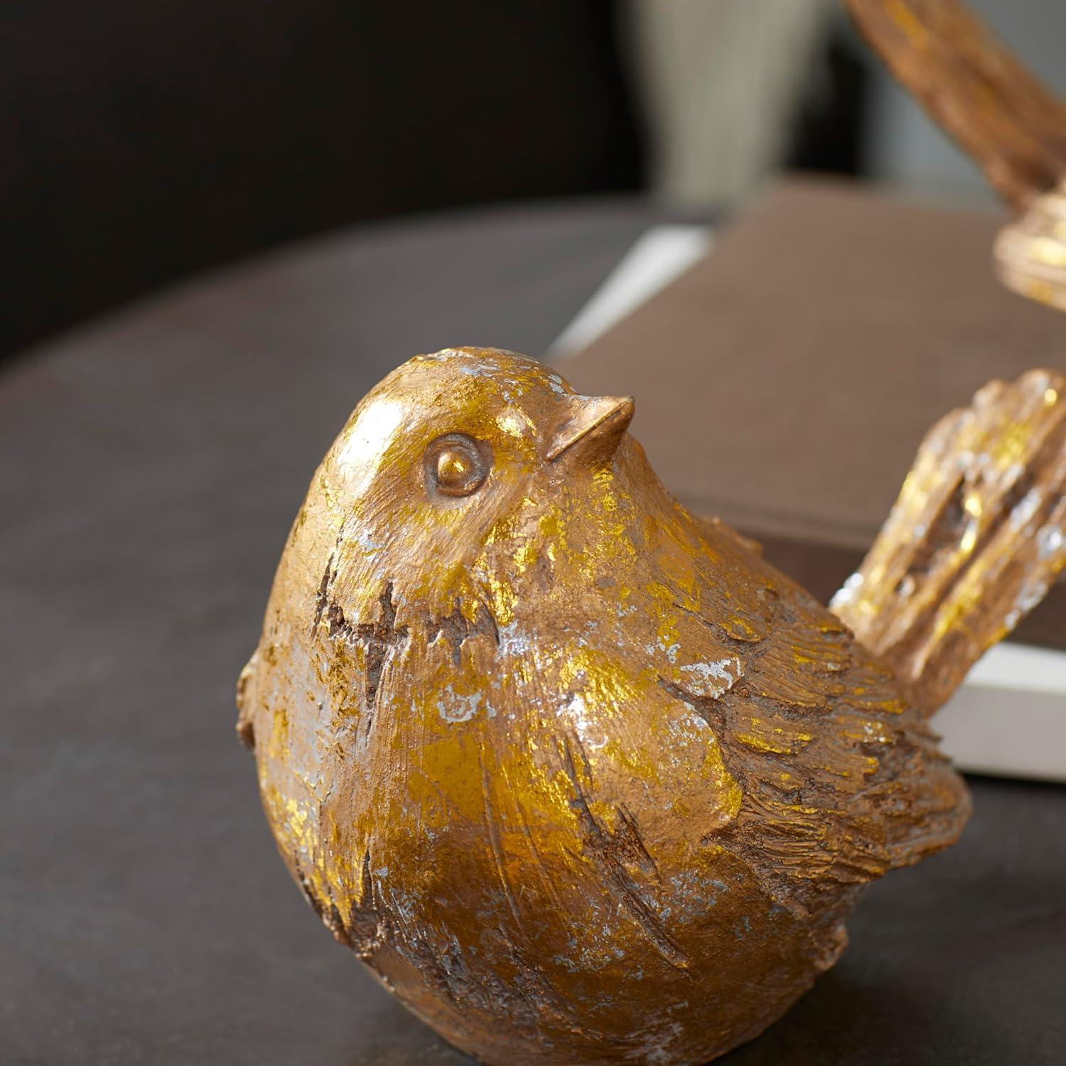 8"W, 6"H Gold Polystone Bird Sculpture, by DecMode (2 Count)