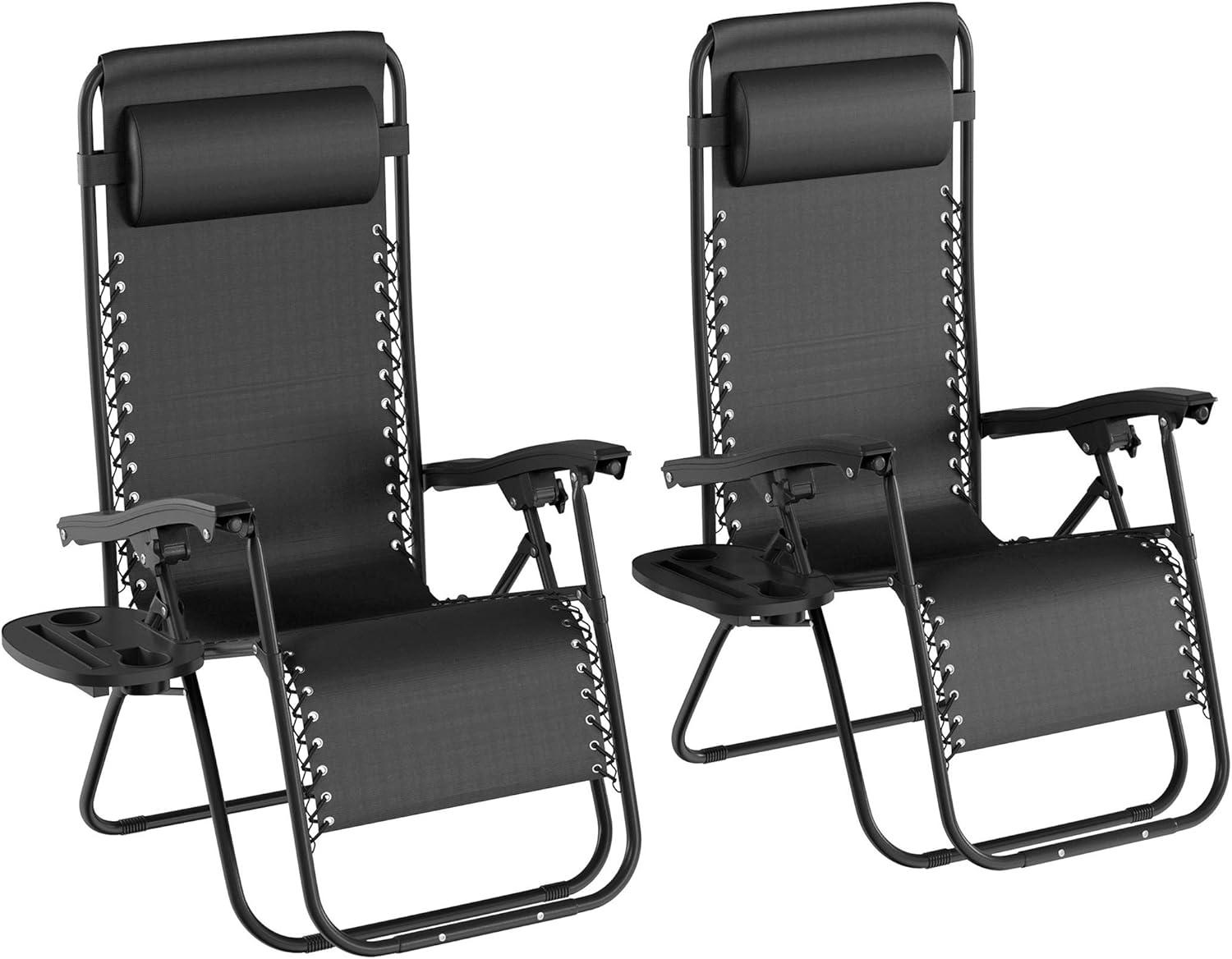 Set of 2 Zero Gravity Outdoor Chairs with Side Tables, Cupholders, Phone, and Tablet Holder and Chair Pillow by Lavish Home, Black