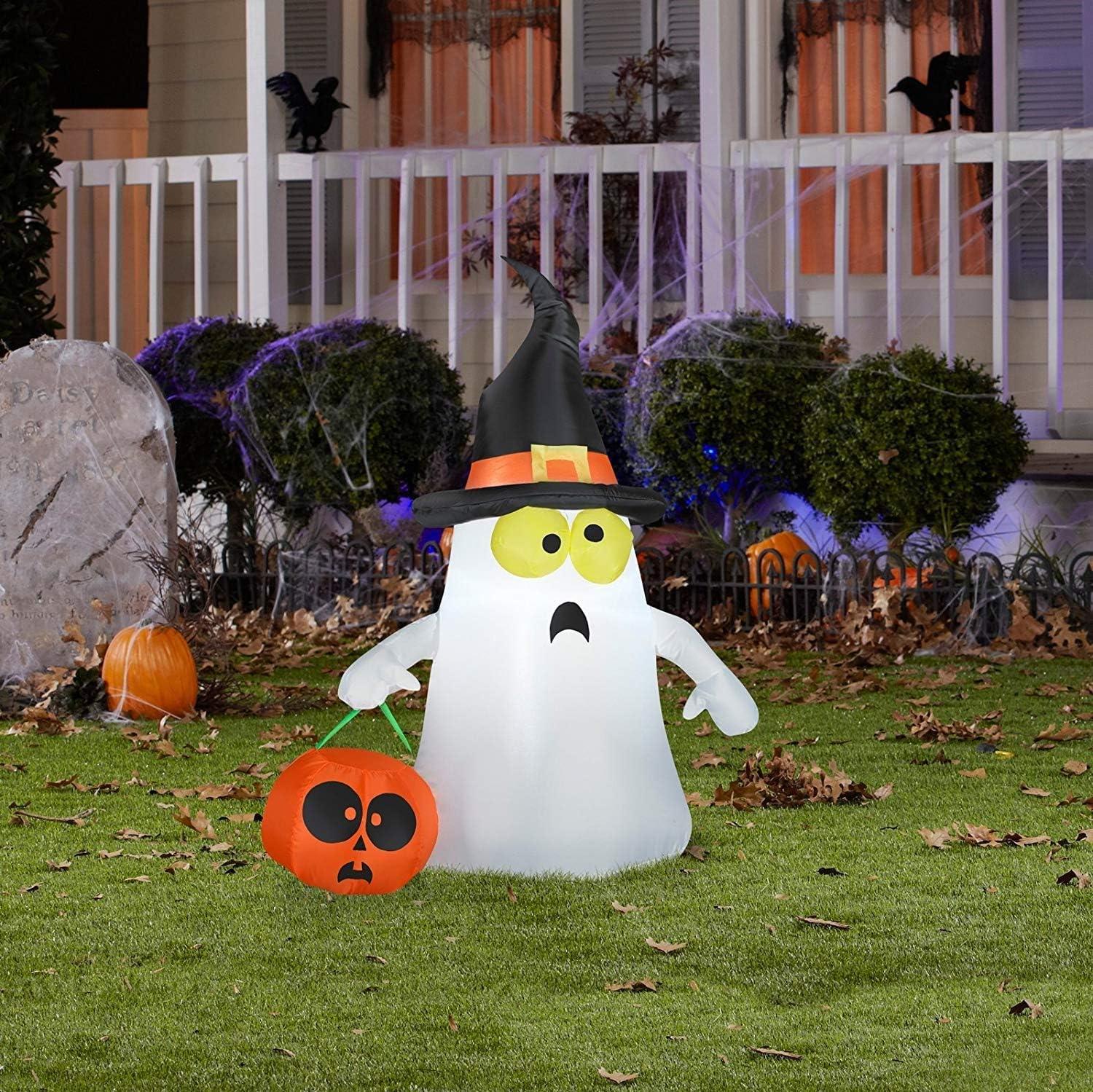 3.5 ft Pre-lit White Inflatable Ghost with Witch Hat