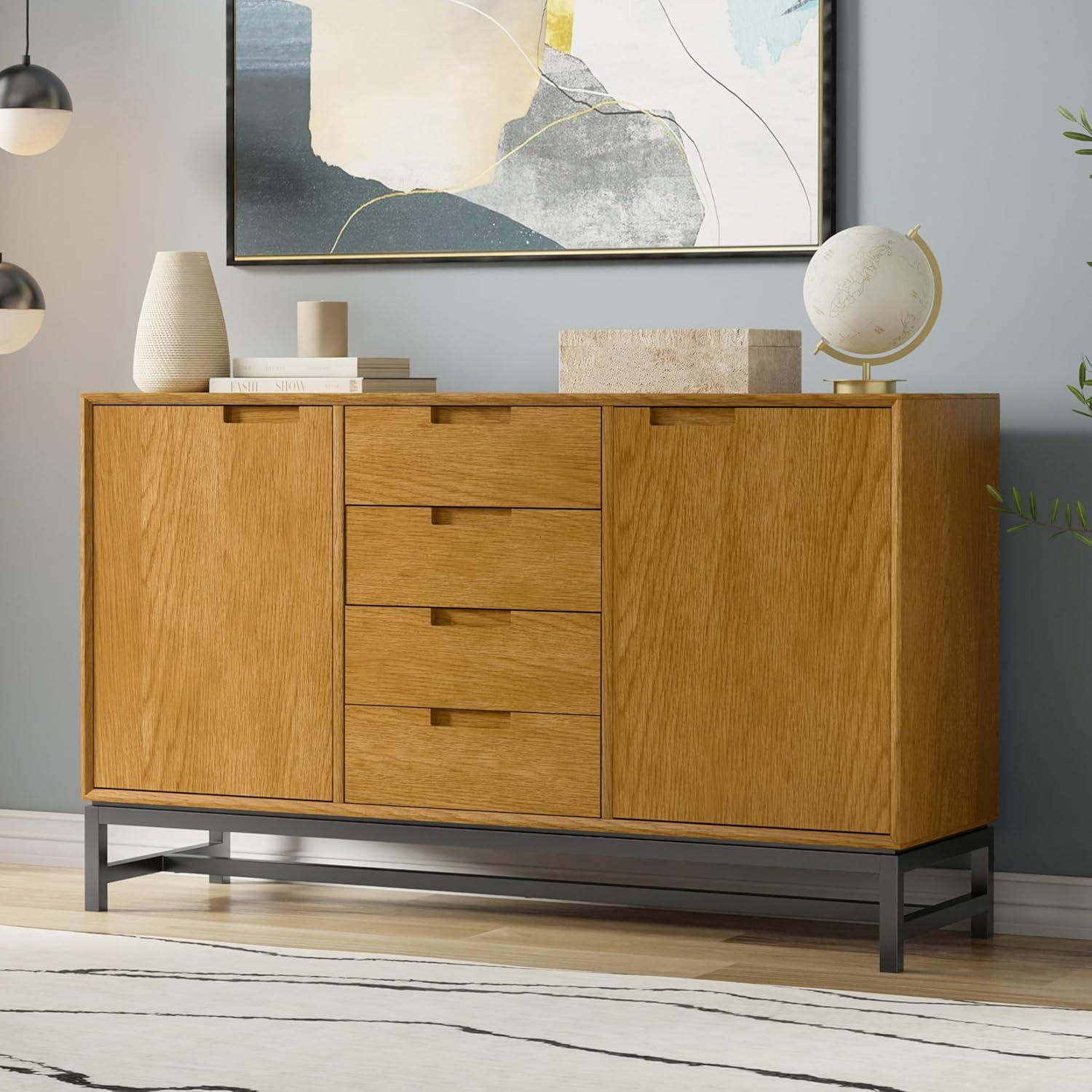 Simpli Home Banting 60"W Solid Wood Industrial 2-Door Sideboard Buffet with 4 Center Drawers