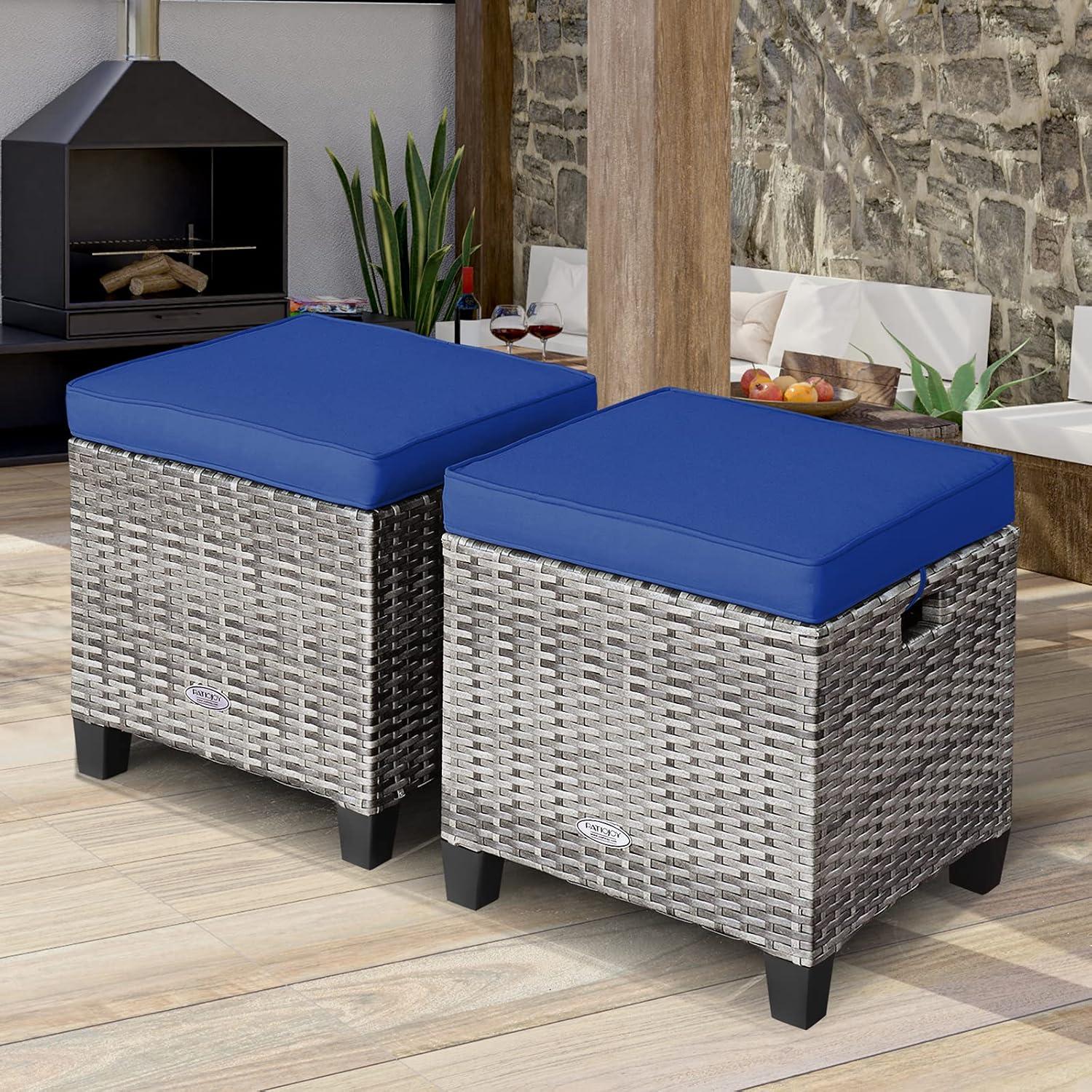 Patiojoy Set of 2 Outdoor Rattan Cushioned Ottoman Seat All Weather Patio Ottoman Footrest Navy