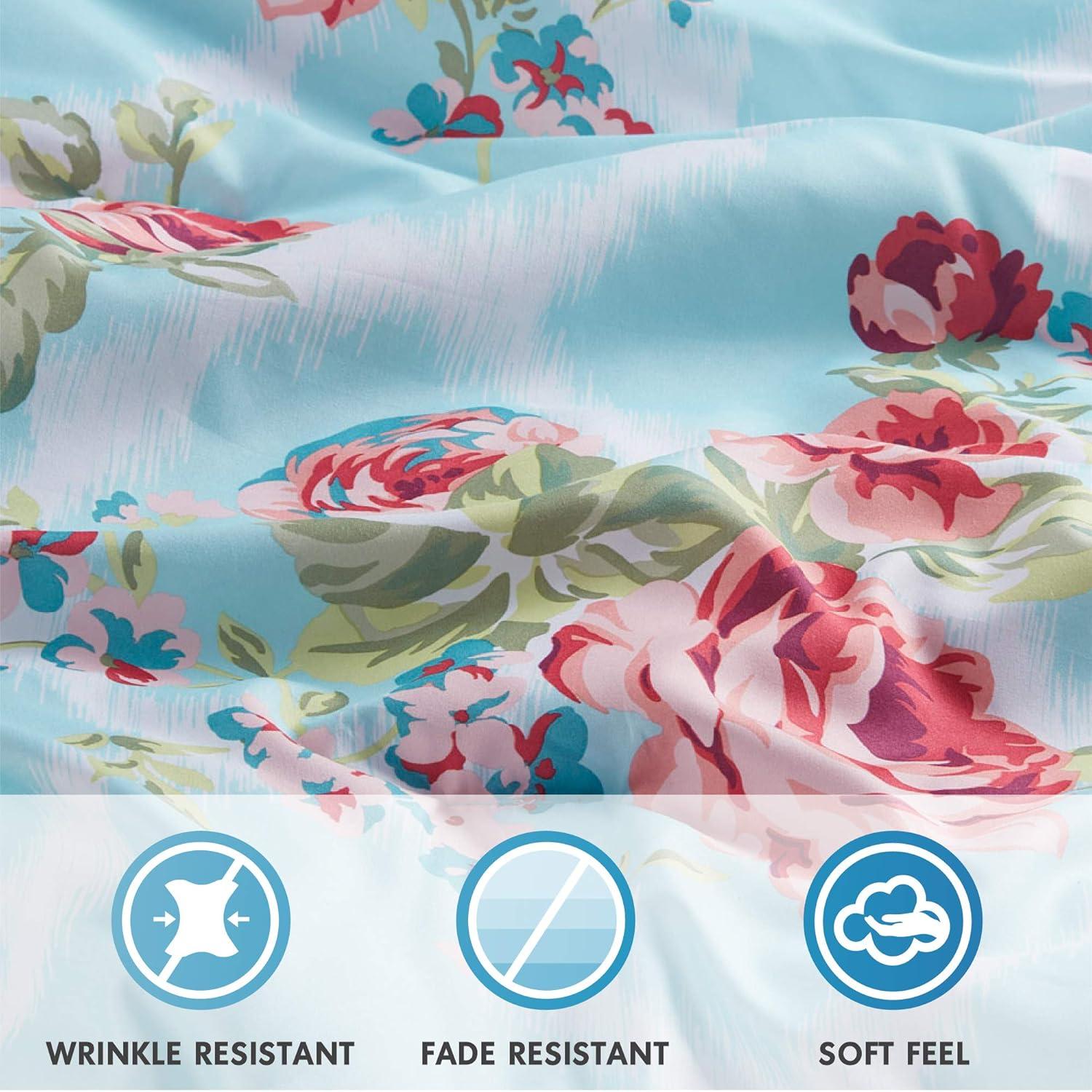 Comfort Spaces 9-Piece Floral Queen Size Bed in a Bag Comforter Bedding Sets with Sheets and Side Pockets , Blue/Red