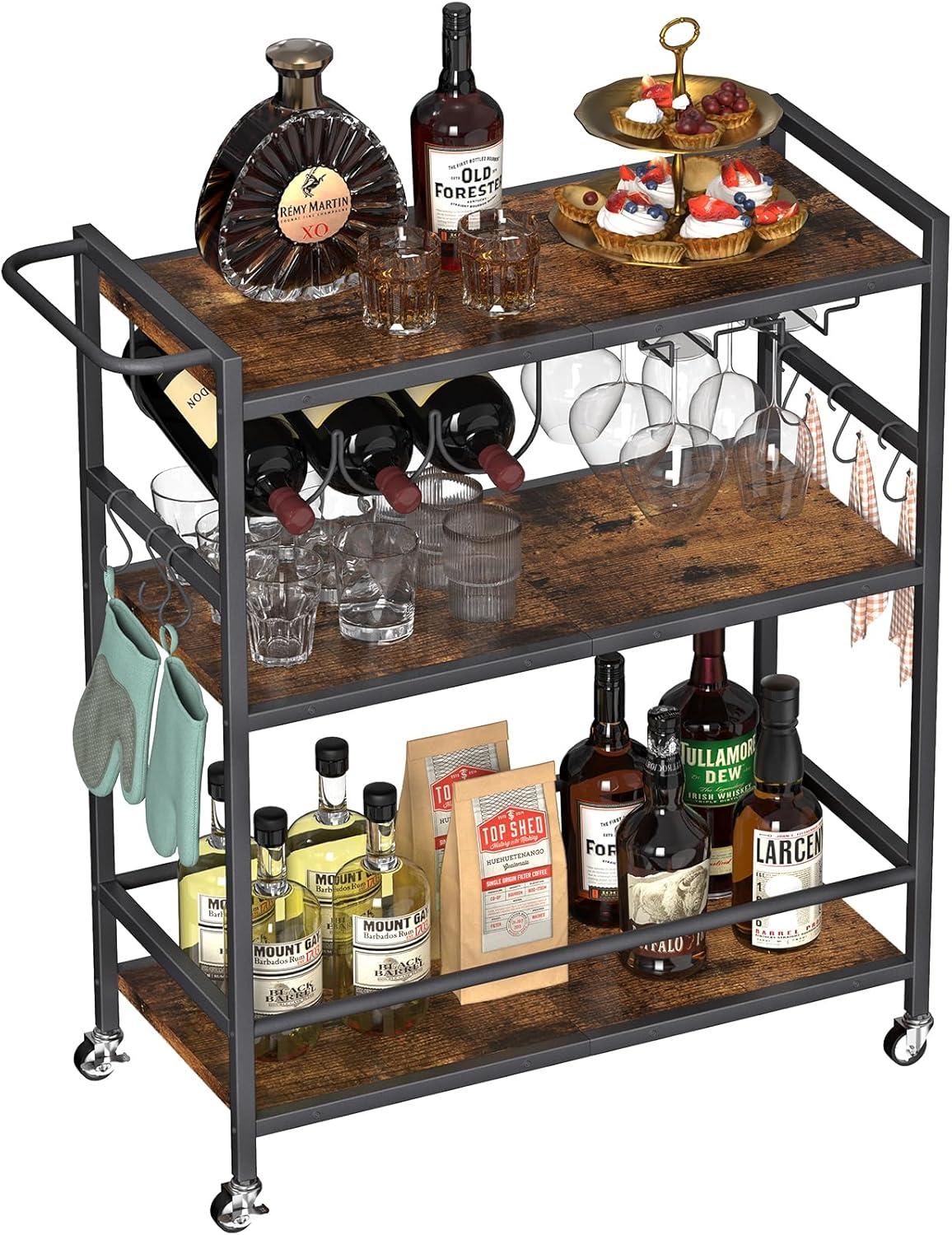 Bar Cart with Basket 3 Tiers Home Rolling Wine Rack with Wheels Mobile Kitchen Industrial Vintage Style Wood Metal Serving Trolley Serving Cart,Glass Holder Bar Cabinet