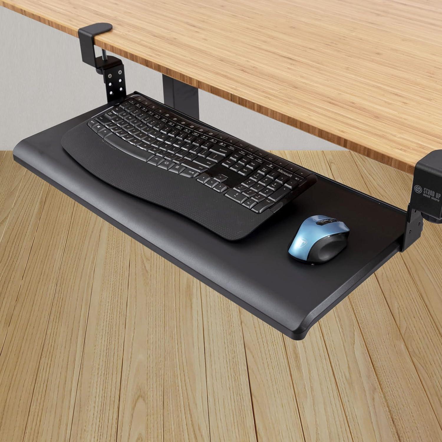 Stand Up Desk Store Clamp-On Retractable Adjustable Keyboard Tray / Under Desk Keyboard Tray | Increase Comfort And Usable Desk Space | For Desks Up To 1.5"