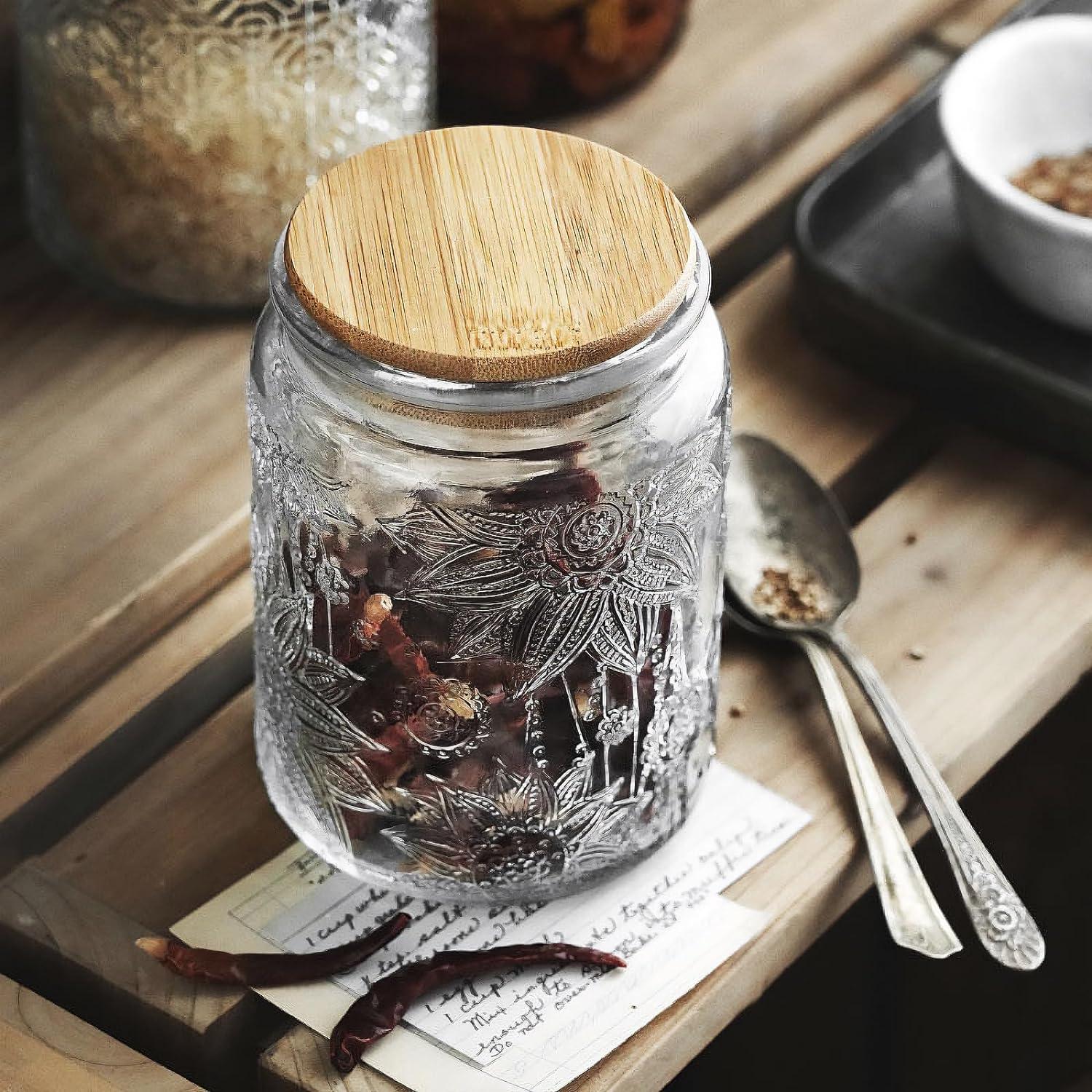 Vintage Clear Glass Jars with Bamboo Lids, Set of 2