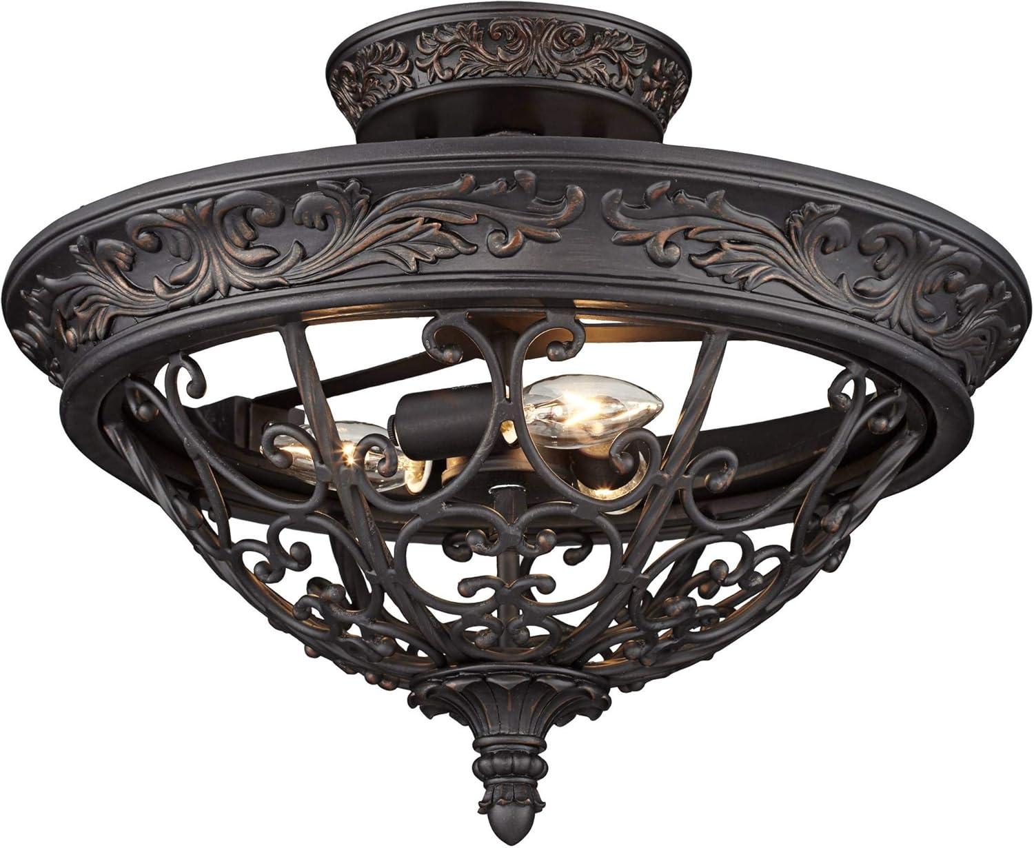 Franklin Iron Works French Scroll Rustic Farmhouse Ceiling Light Semi Flush Mount Fixture 16 1/2" Wide Rubbed Bronze 3-Light for Bedroom Kitchen House