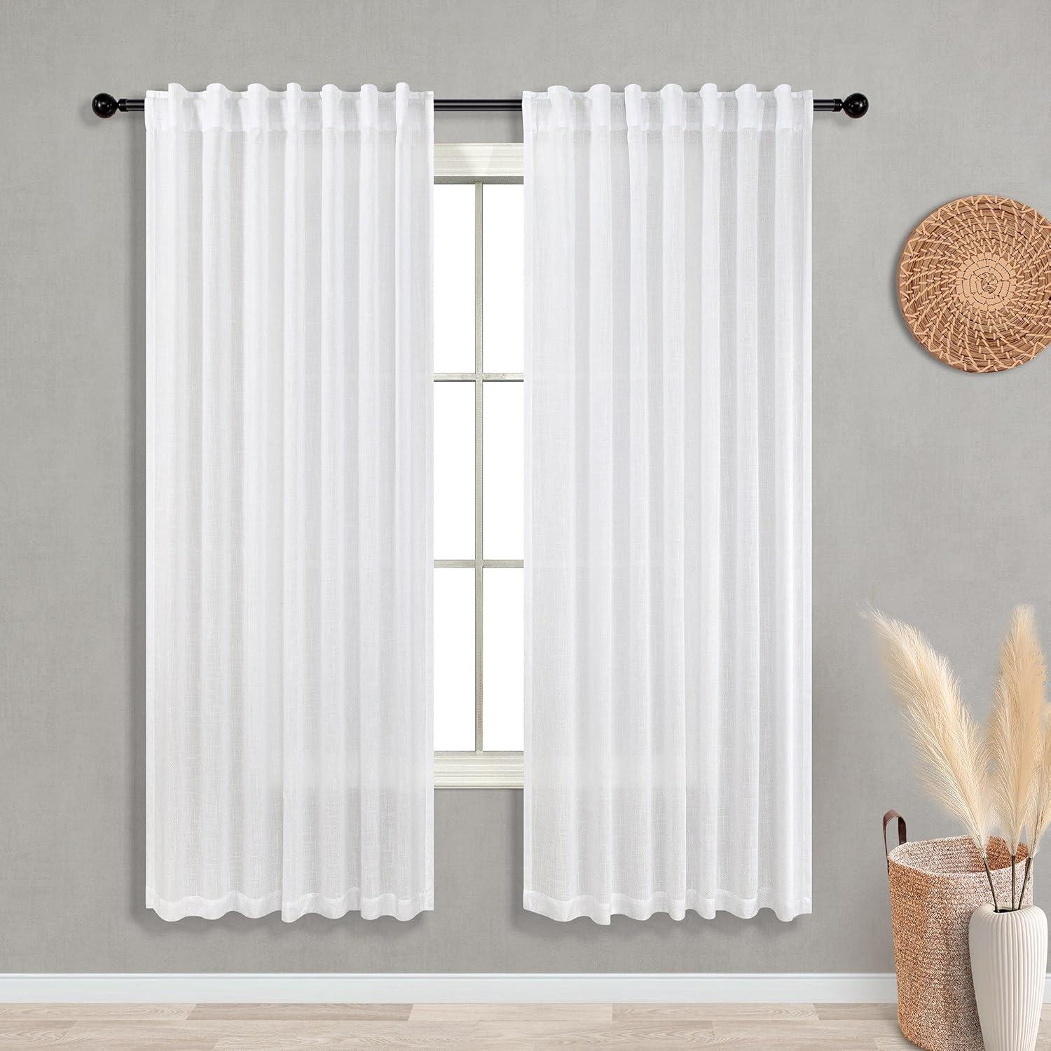 White Linen Semi-Sheer Light-Filtering Rod Pocket Curtains, 63" Length