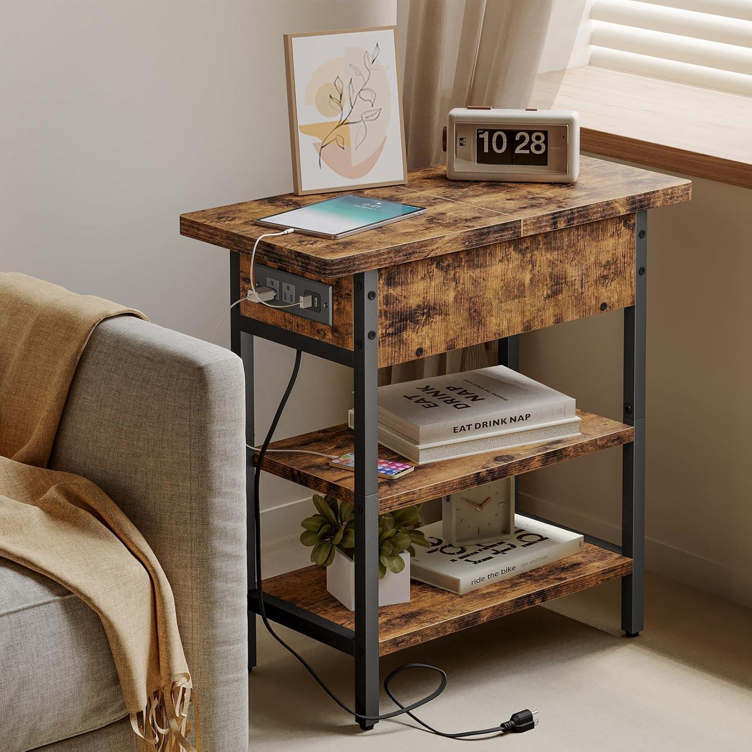 Bedroom table with USB charging port, three-layer storage shelf, and power socket-brown