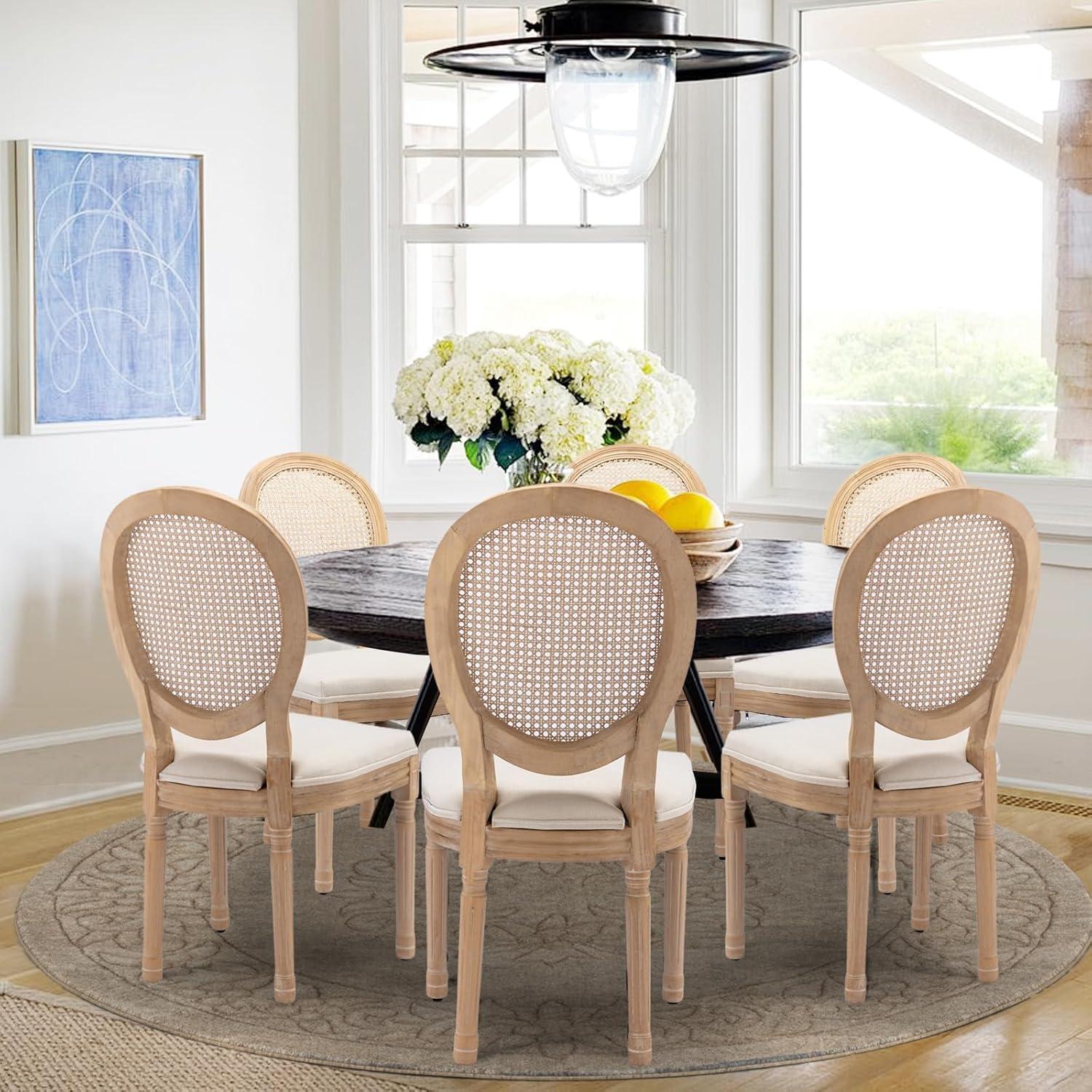 One Allium Way® French Style Rattan Back Solid Wood Upholstered Dining Chairs(Set of 6)